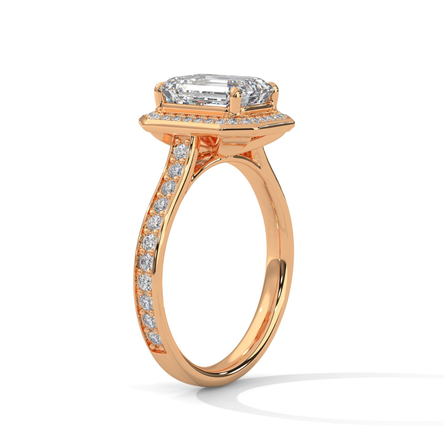Rose gold ring with a large diamond and smaller diamonds on the band against a white background
