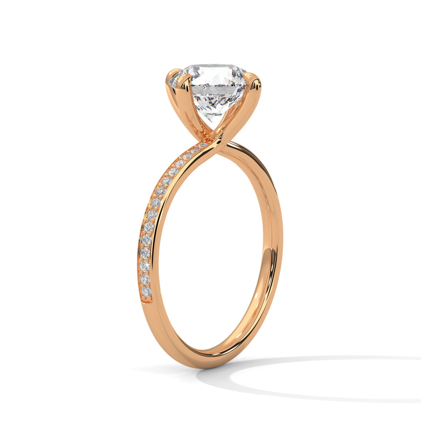Rose gold ring with a diamond on a white background