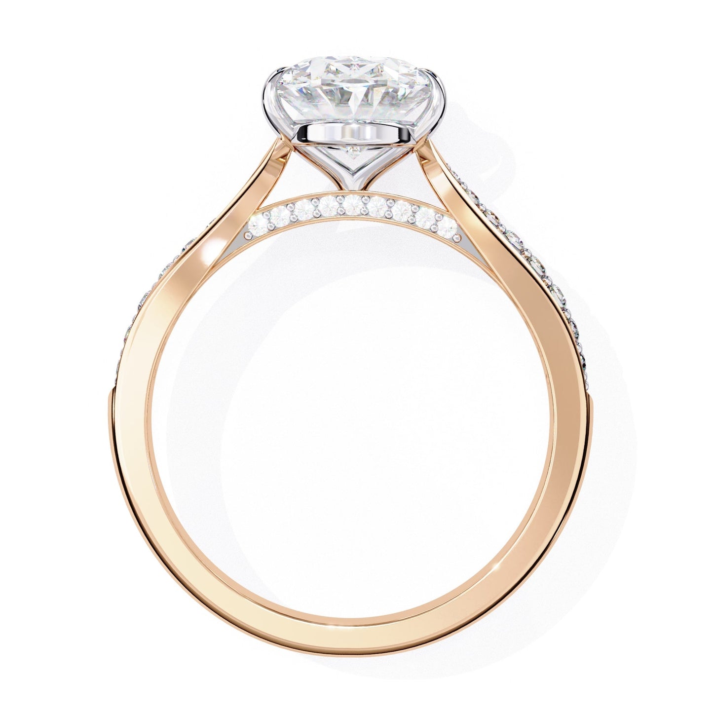 Rose gold ring with a diamond on a white background