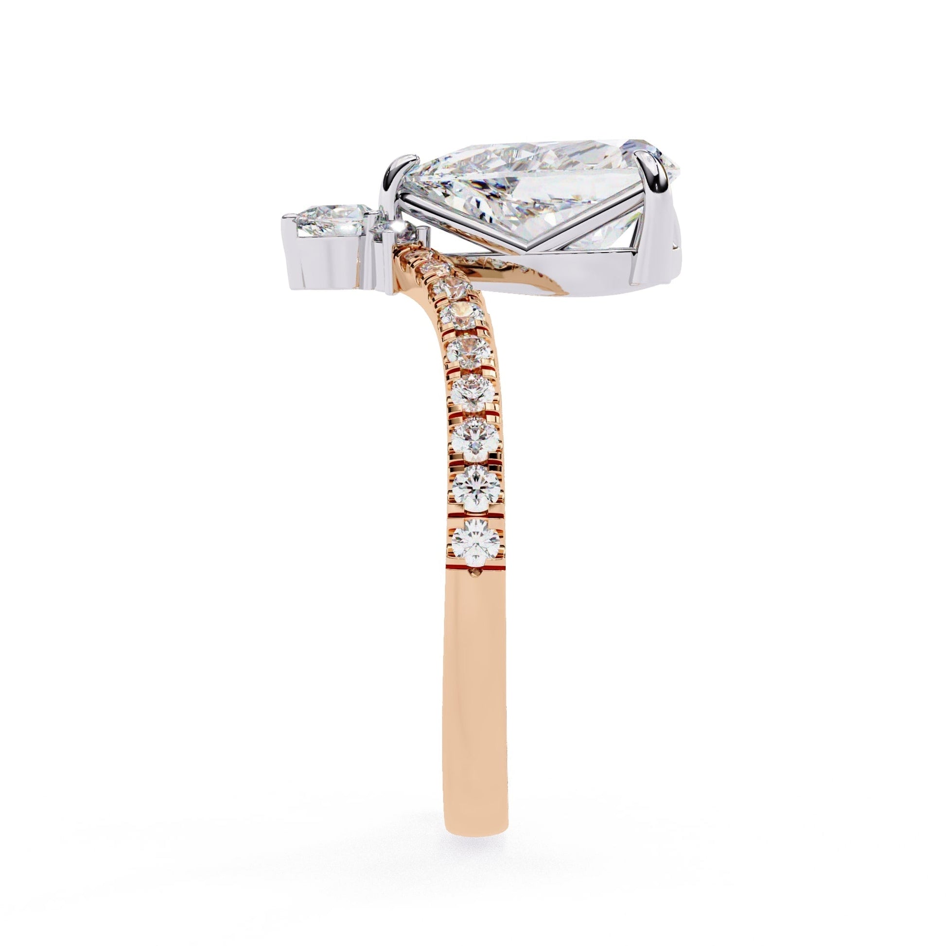 Diamond ring with a rose gold band on a white background