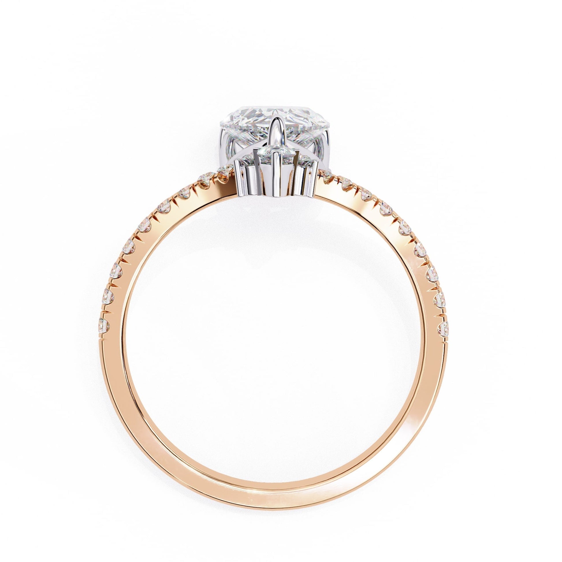 Rose gold ring with diamond accents on a white background
