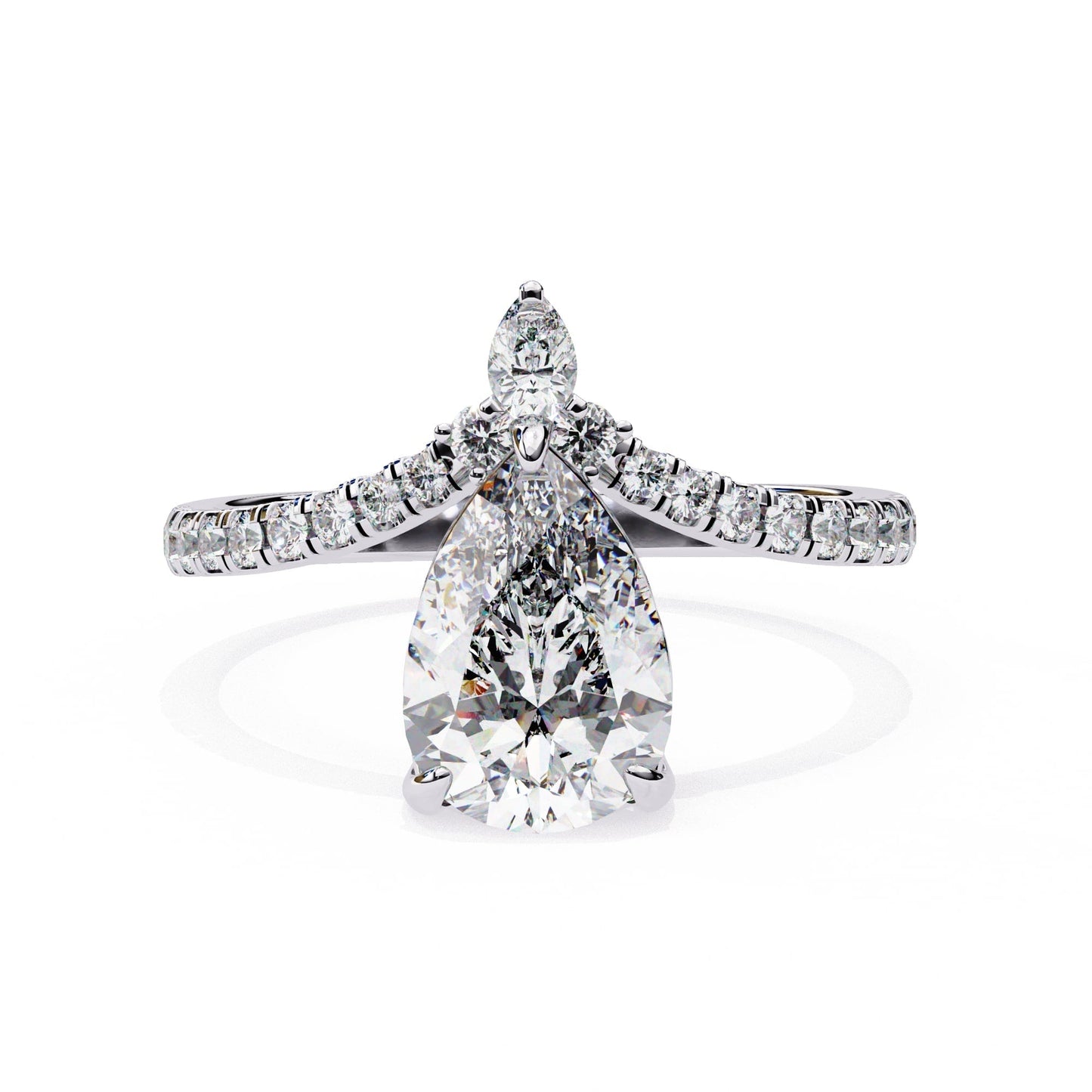 Diamond ring with pear-shaped center stone on a white background