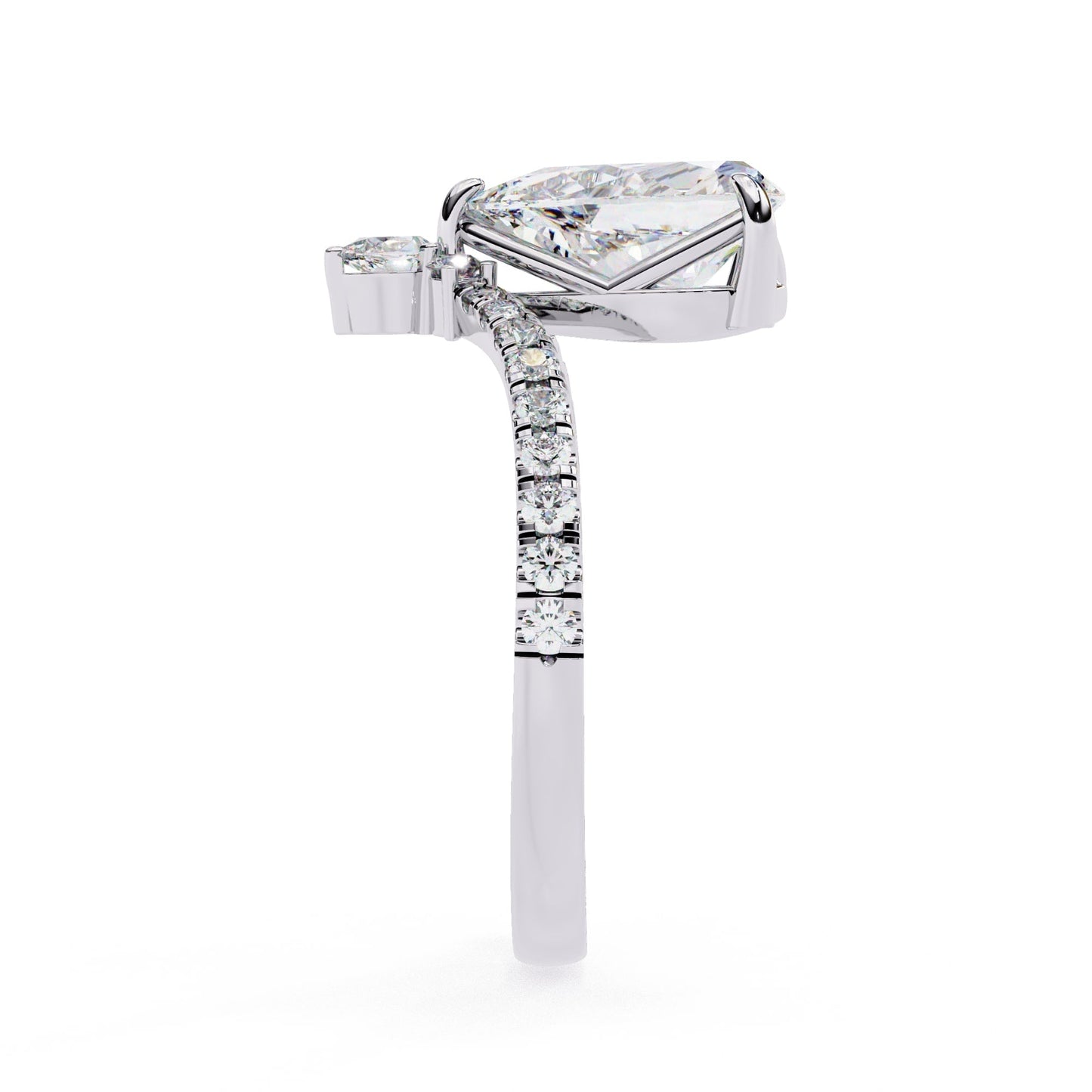 Diamond ring with a pear-shaped center stone on a white background