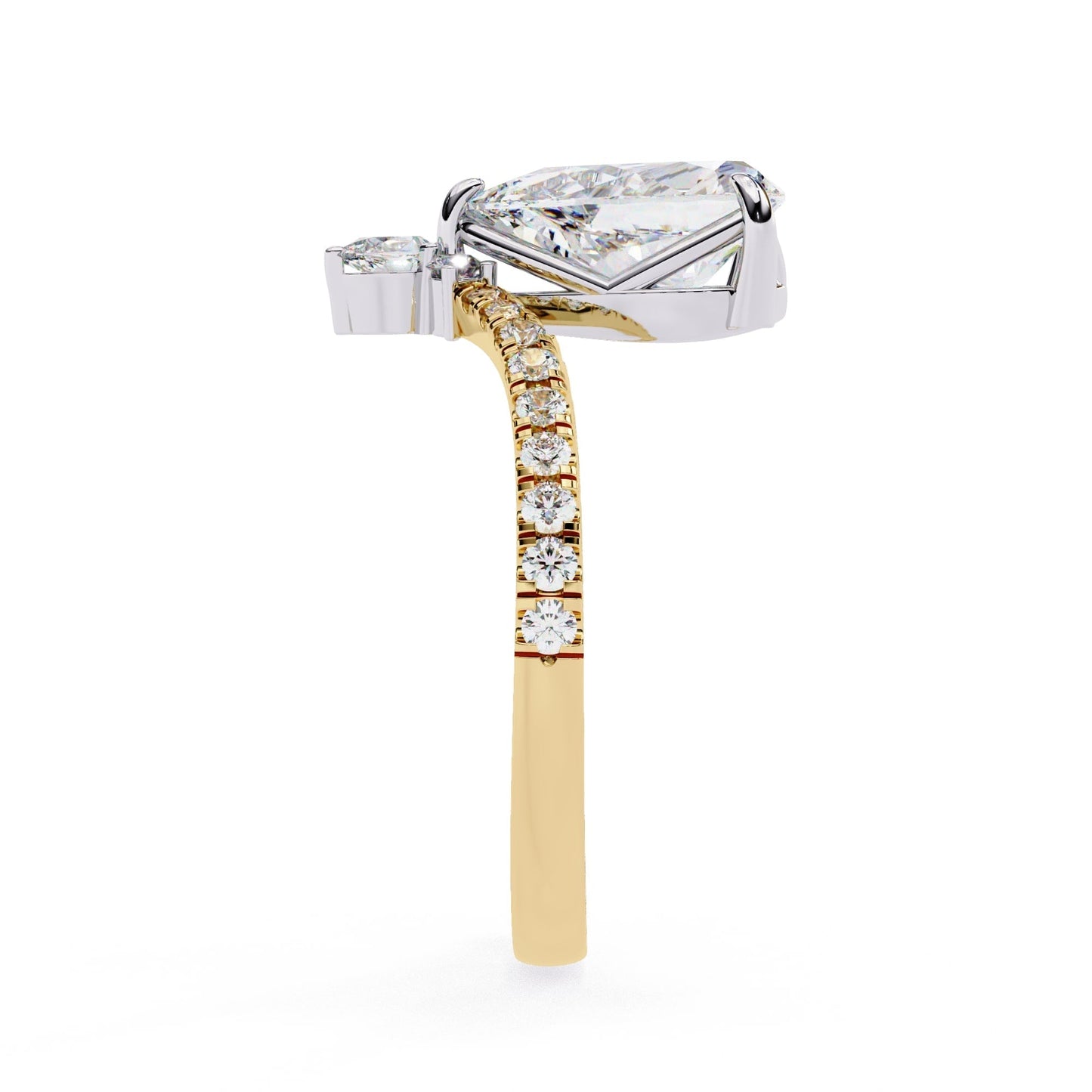 Diamond ring with a pear-shaped center stone and smaller diamonds on a gold band against a white background