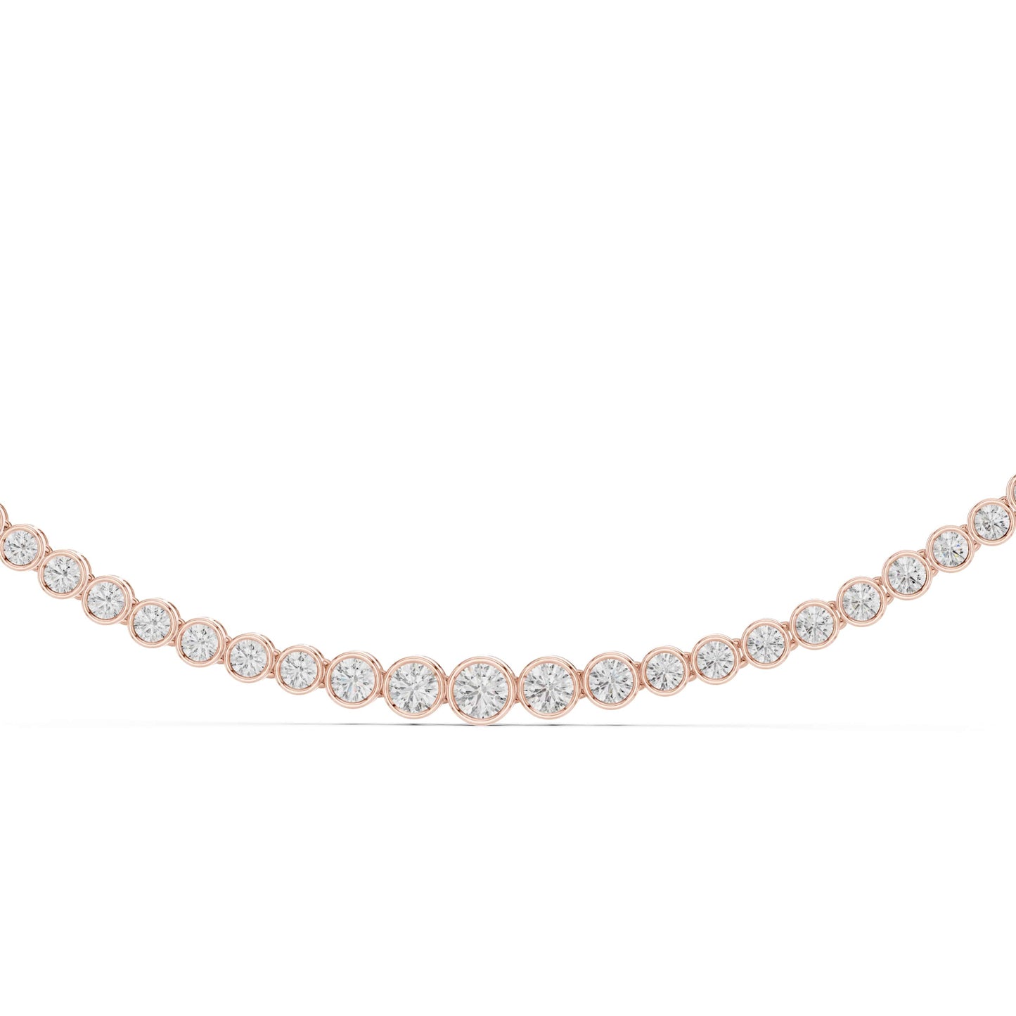 Rose gold necklace with clear gemstones on a white background