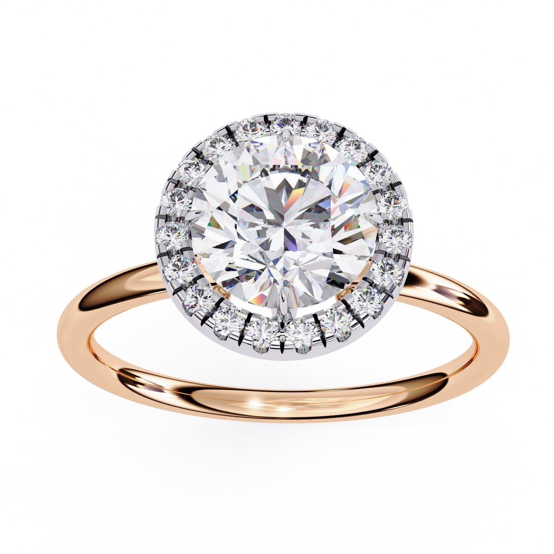 Rose gold ring with a large diamond and smaller diamonds around on a white background
