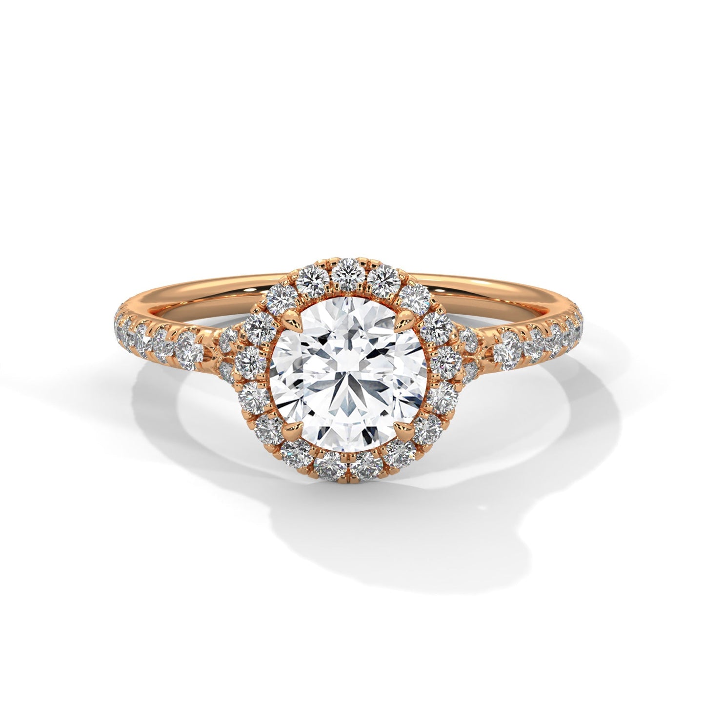 Rose gold ring with a diamond on a white background