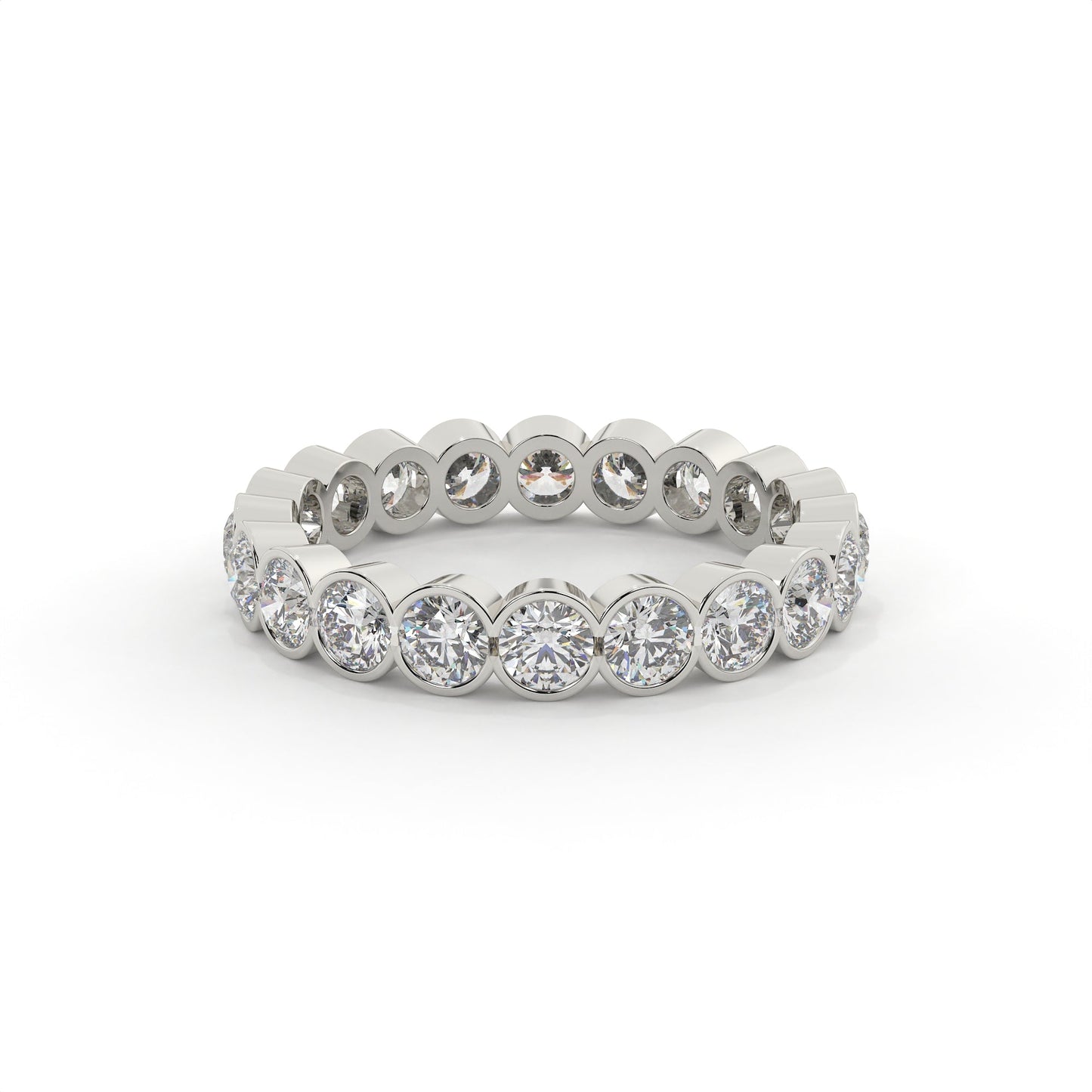 Silver ring with round diamonds on a white background