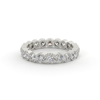 Silver ring with round diamonds on a white background