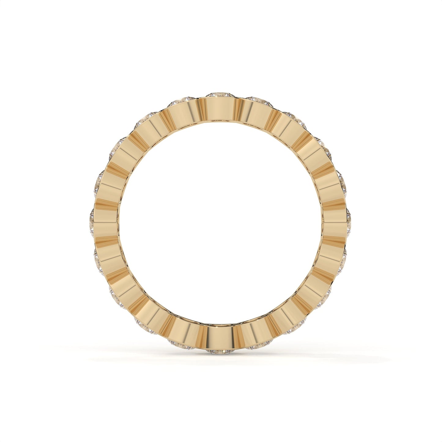 Gold ring with a textured band on a white background