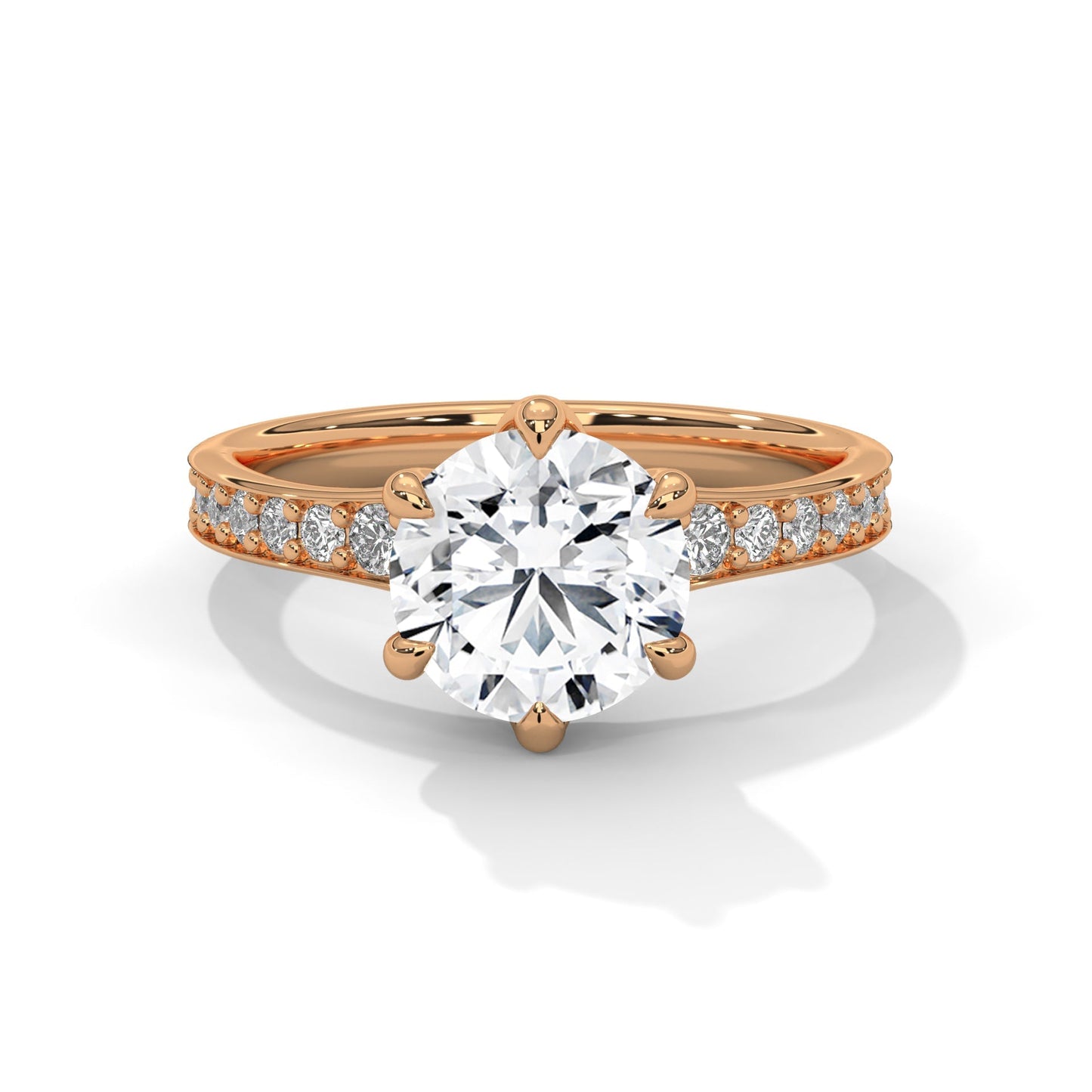 Rose gold ring with a large diamond and smaller diamonds on the band against a white background