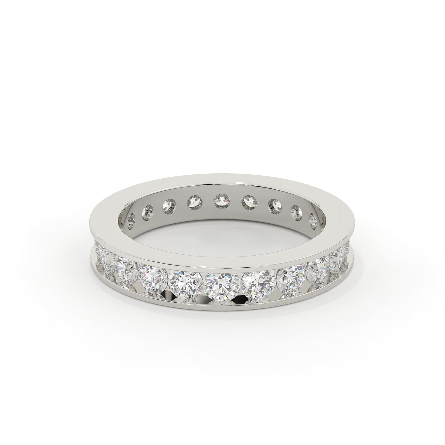 Silver ring with embedded diamonds on a white background