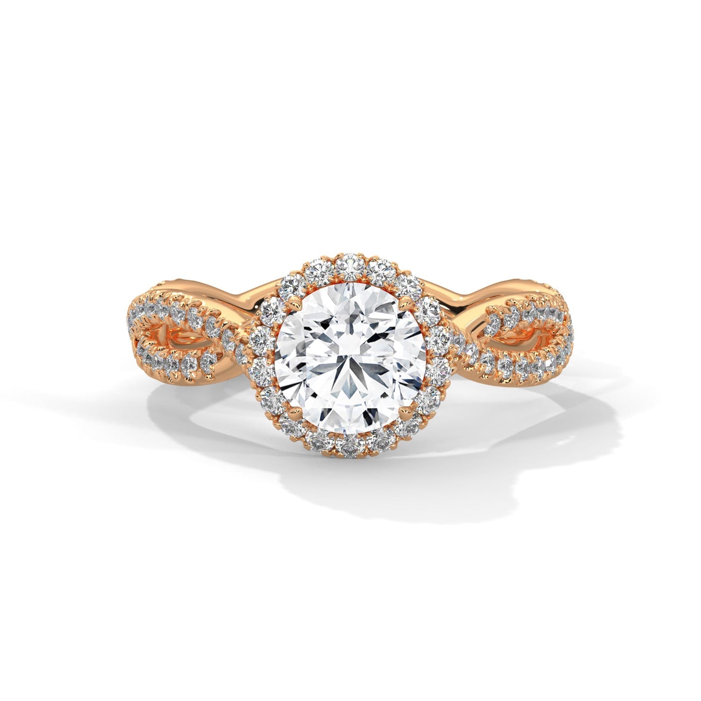 Twisted Shank Round Diamond Halo Engagement Ring