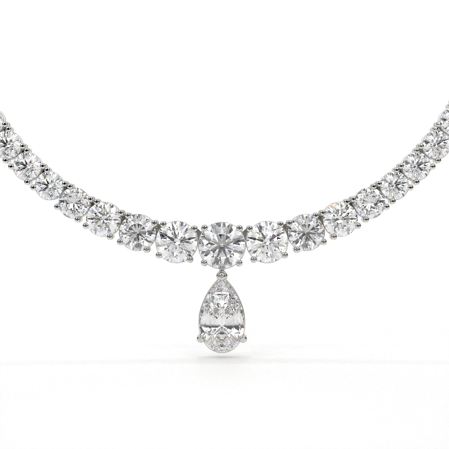 Diamond necklace with a teardrop pendant on a white background
