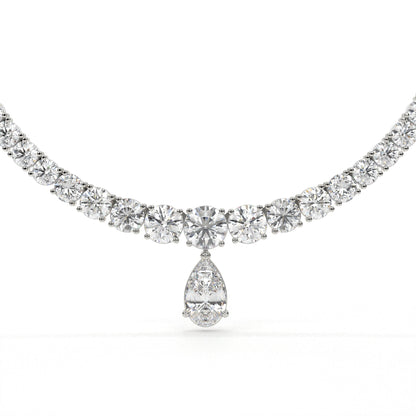 Diamond necklace with a teardrop pendant on a white background