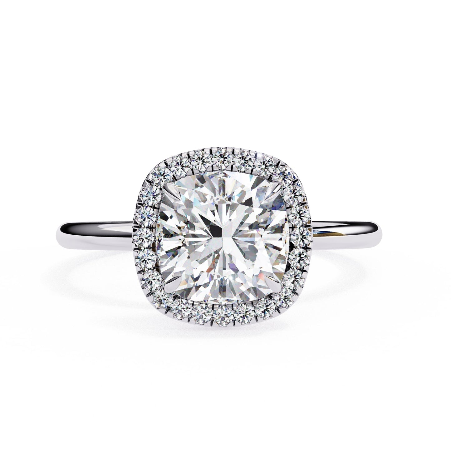 Diamond ring with a halo on a white background