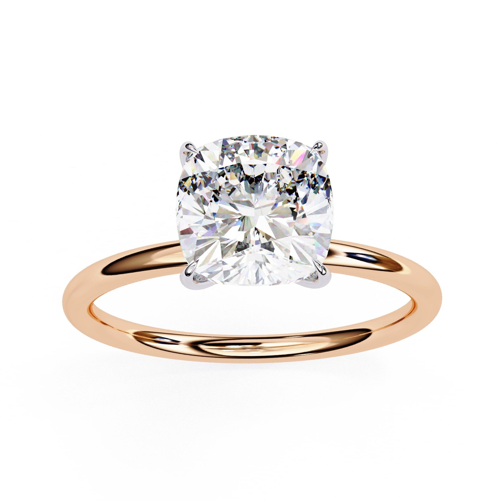Rose gold ring with a large diamond on a white background