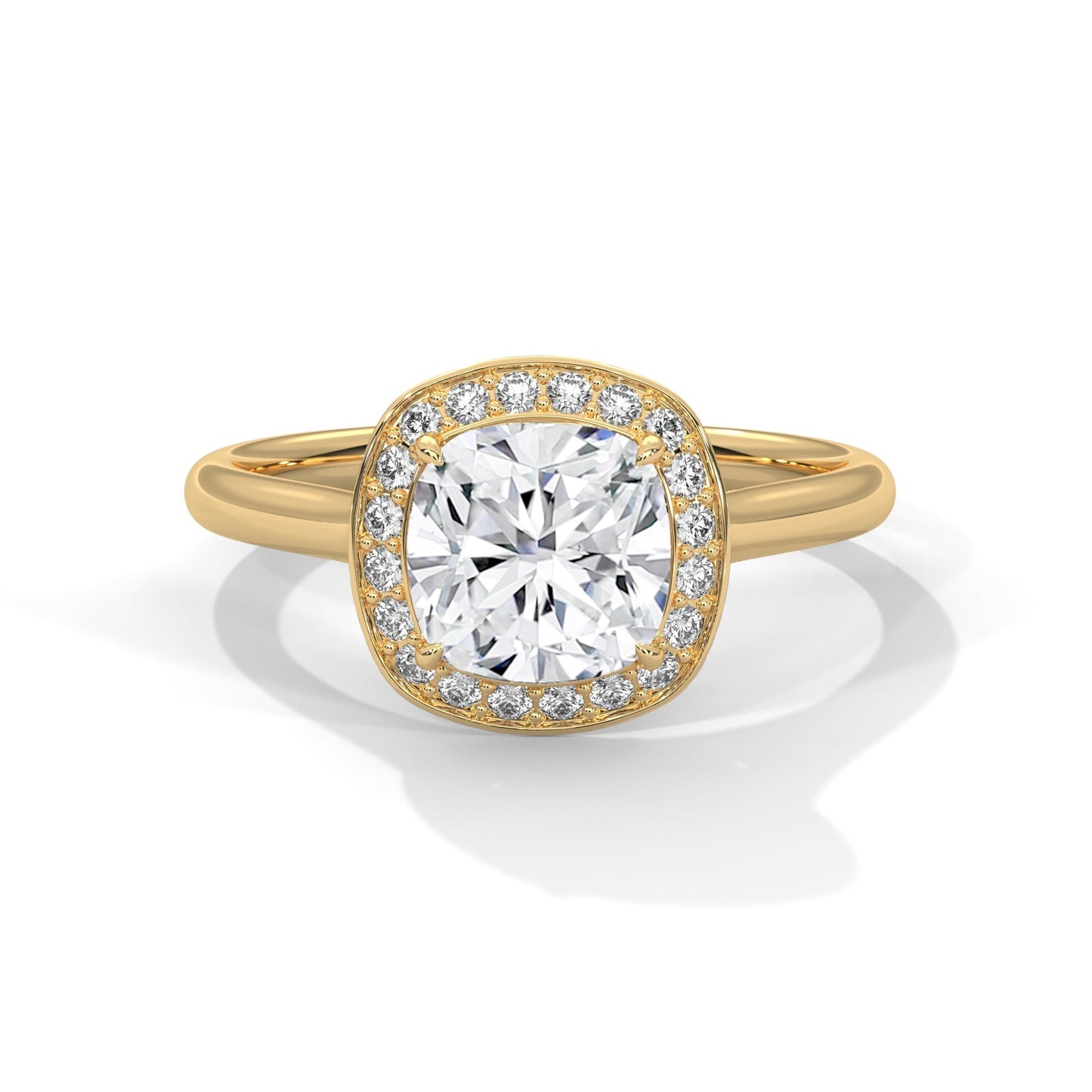 Gold ring with a large diamond and smaller diamonds around on a white background