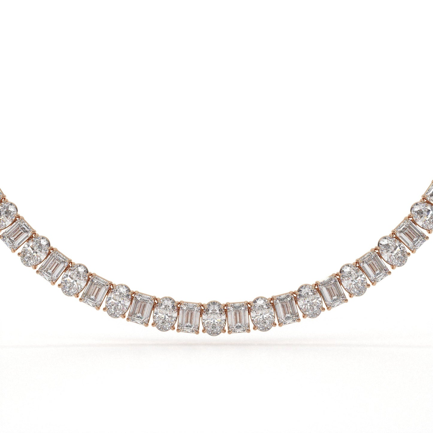 Diamond necklace with rose gold setting on a white background