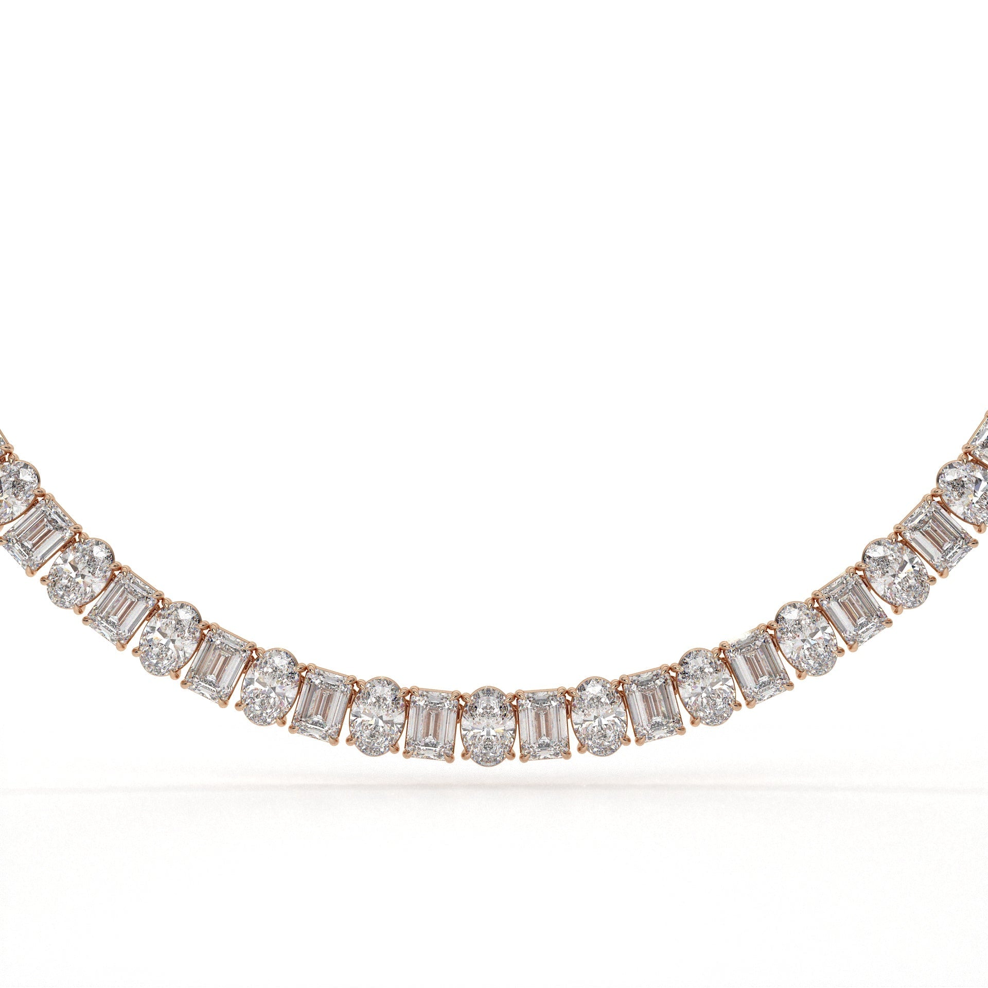 Diamond necklace with rose gold setting on a white background