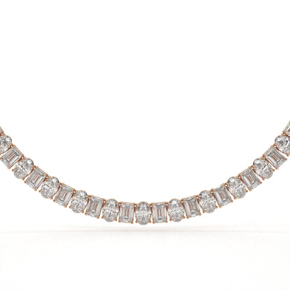Diamond necklace with rose gold setting on a white background