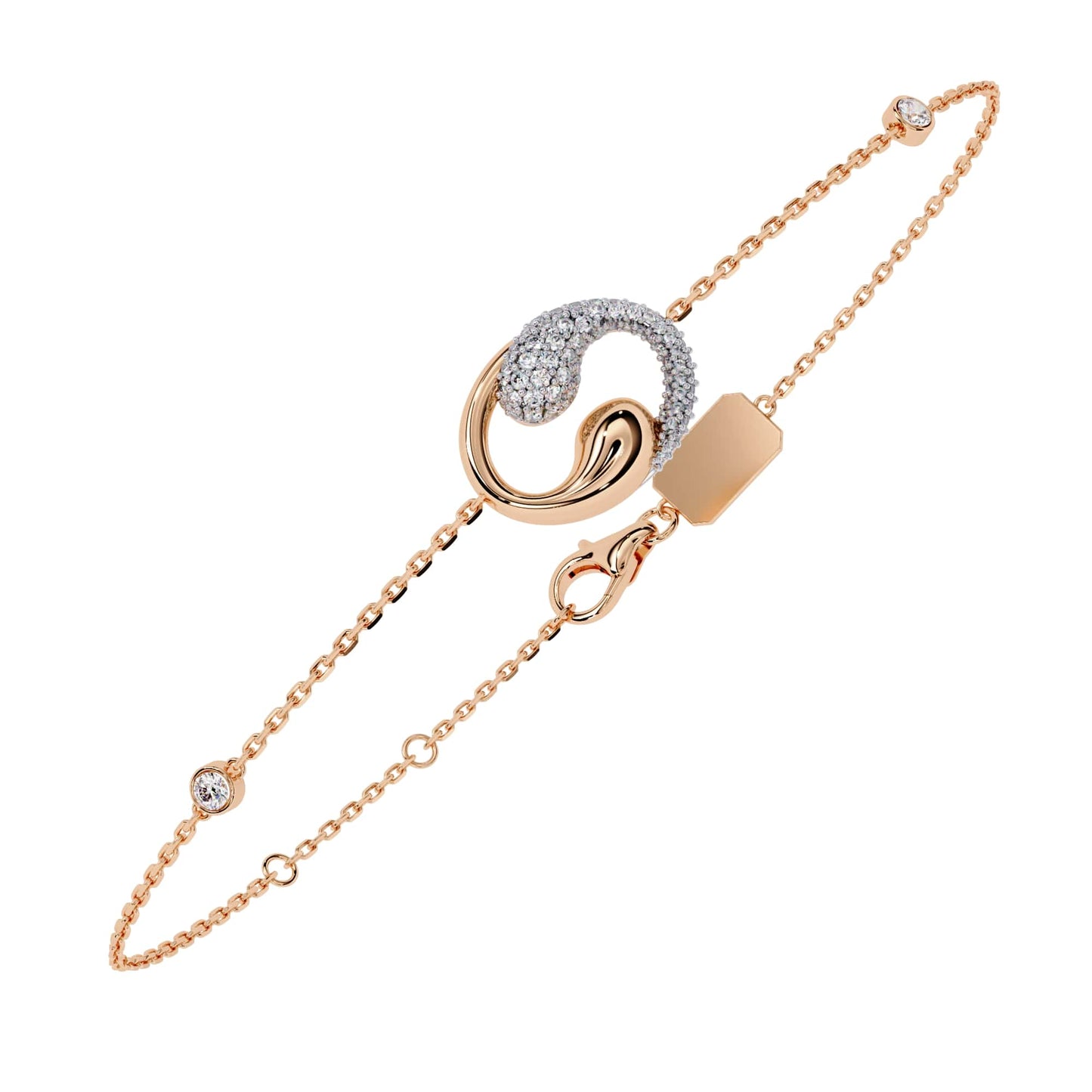 Rose gold bracelet with diamond accents on a white background