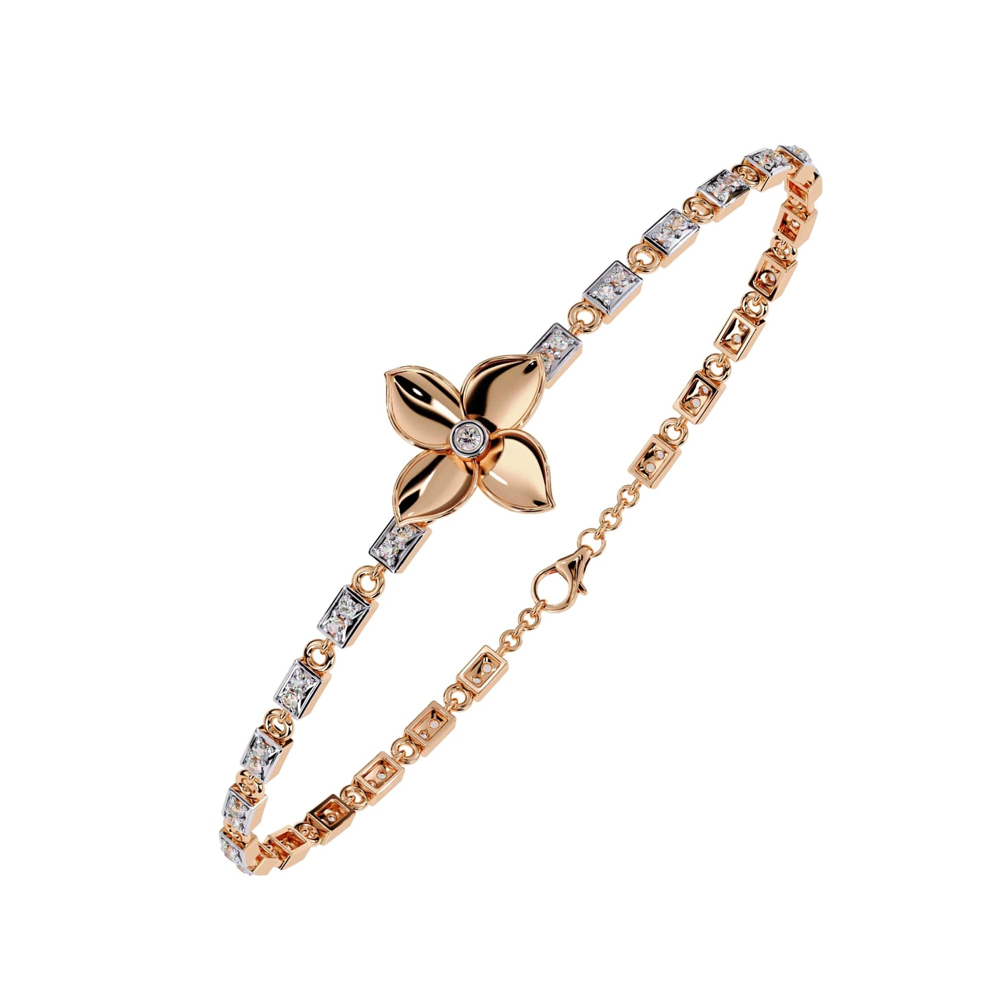 Rose gold bracelet with diamond accents on a white background