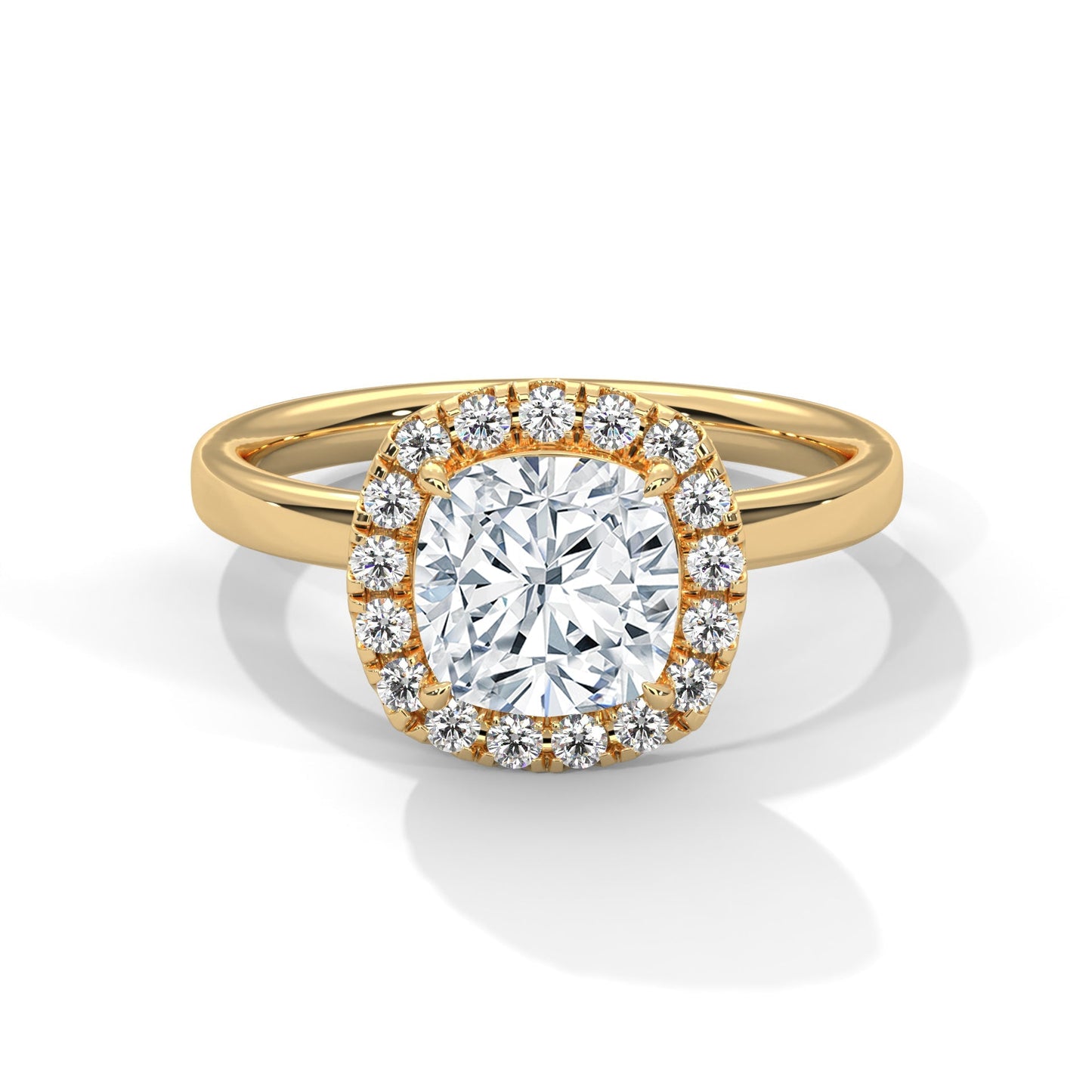 Gold ring with a large diamond and smaller diamonds around on a white background