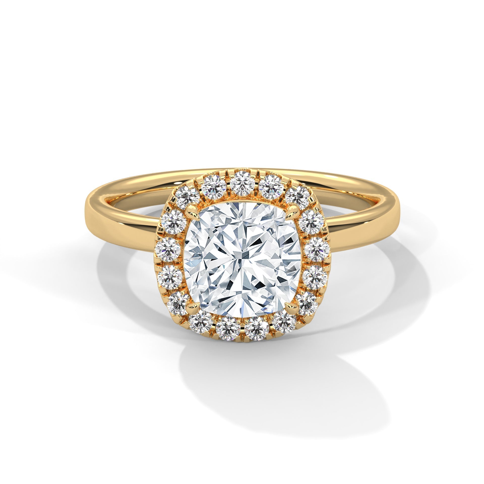 Gold ring with a large diamond and smaller diamonds around on a white background