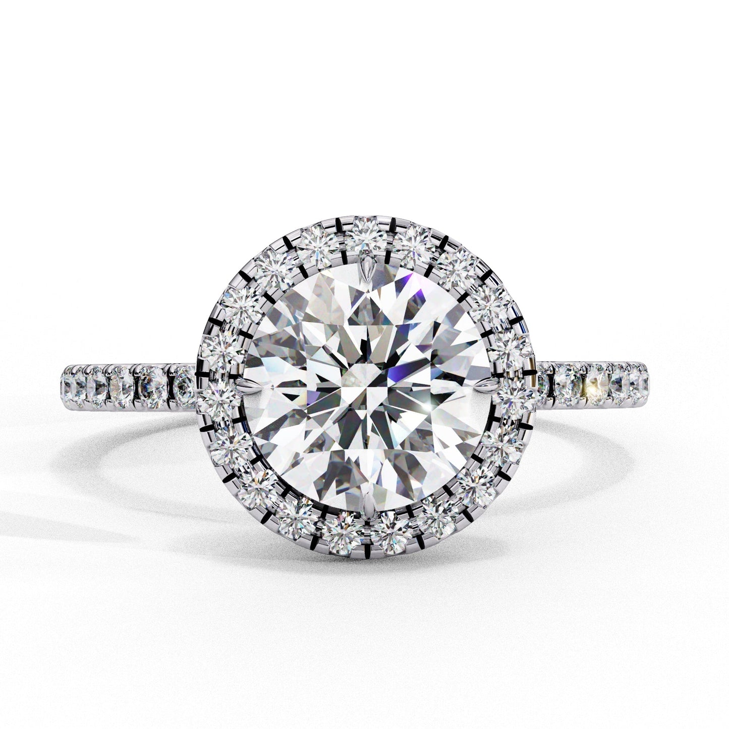 Diamond ring with a large central gemstone and smaller stones on a white background