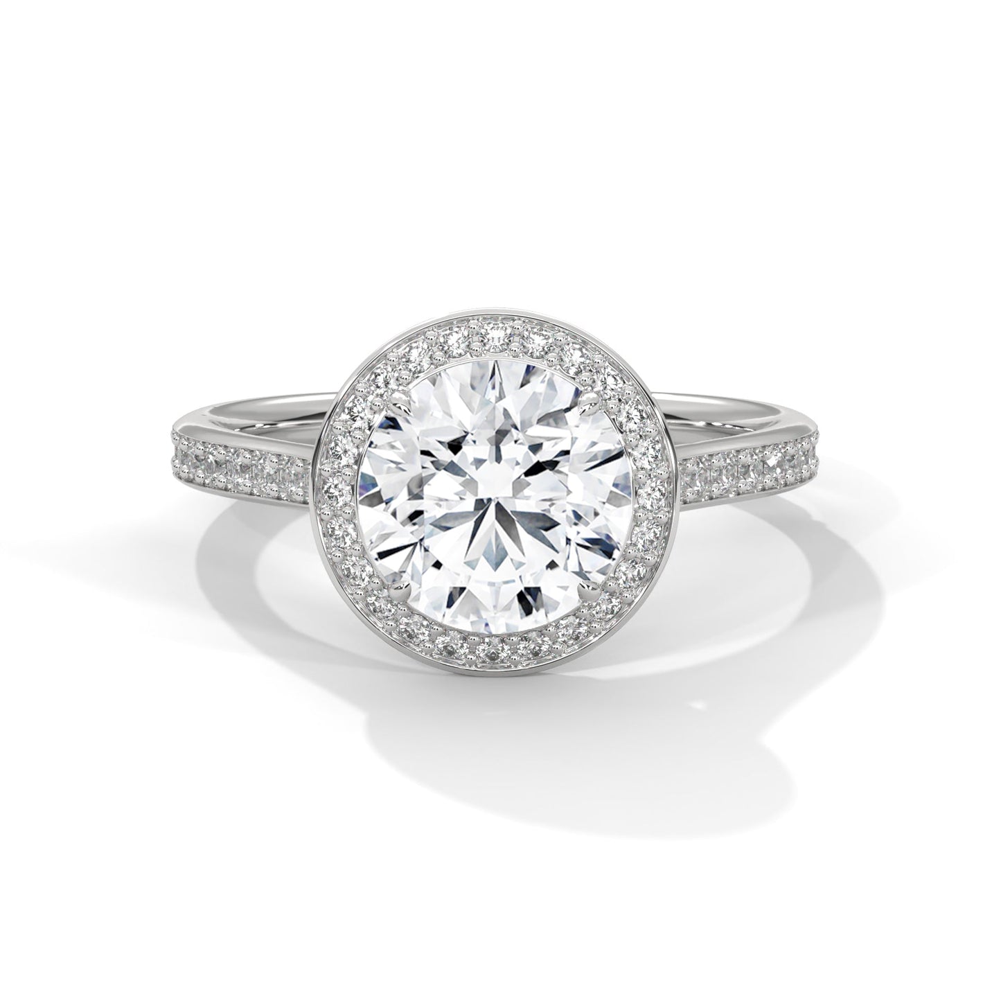 Diamond ring with a white gemstone and diamond-studded band on a white background
