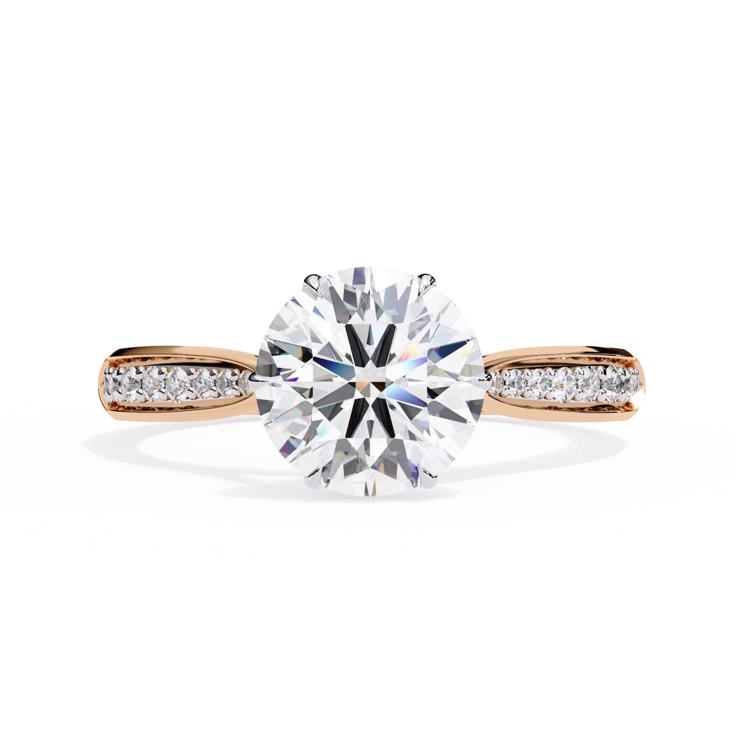 Rose gold ring with a large diamond and smaller diamonds on the band against a white background