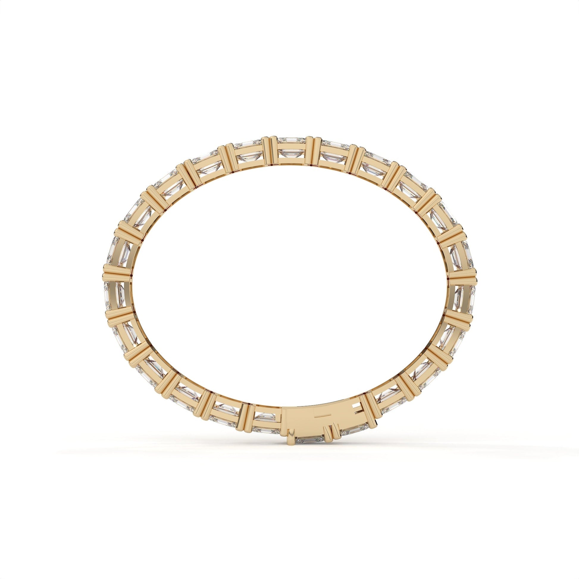 Gold ring with embedded diamonds on a white background