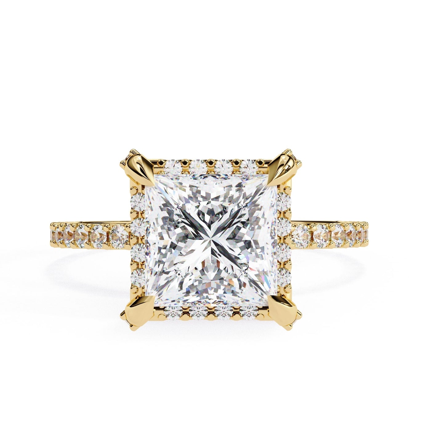 Gold ring with a large diamond and smaller diamonds on the band against a white background