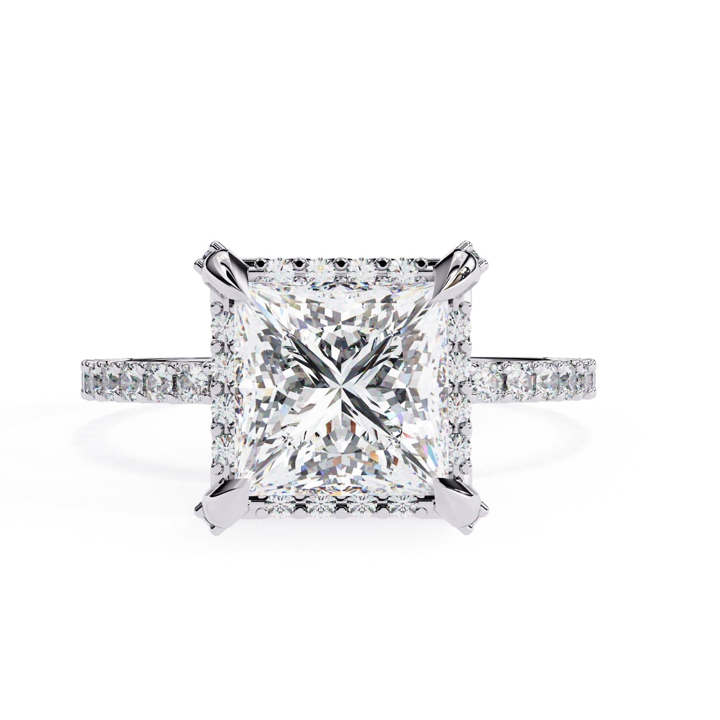 Diamond ring with a large central gemstone and smaller stones on the band against a white background