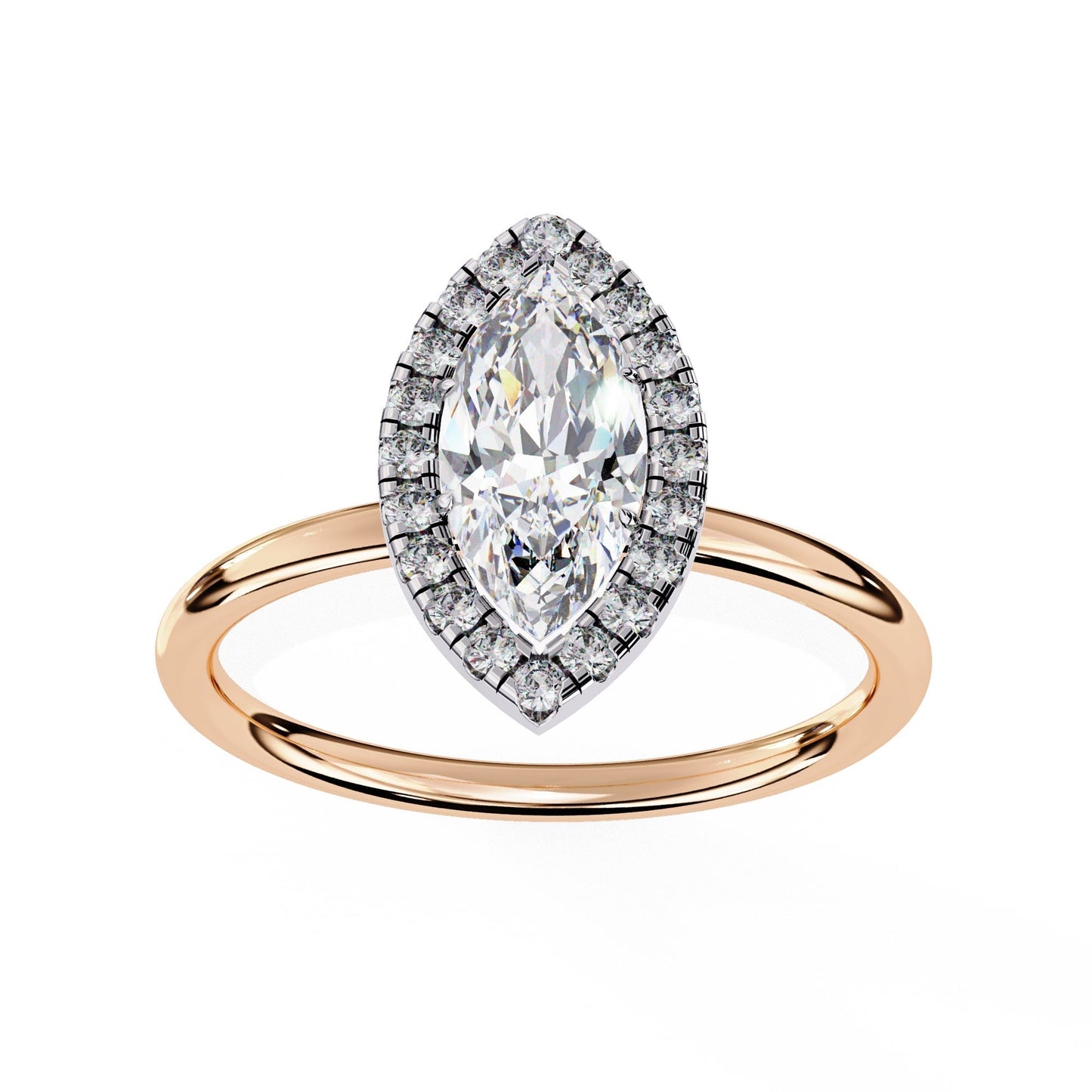 Rose gold ring with a pear-shaped diamond and smaller diamonds on a white background