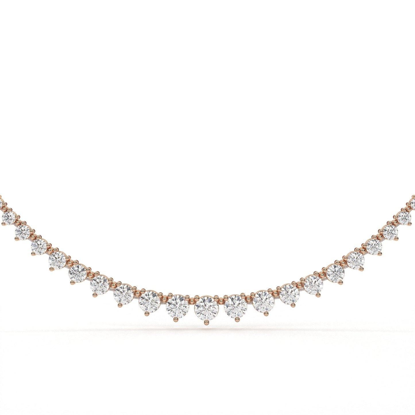 Rose gold necklace with heart-shaped diamonds on a white background