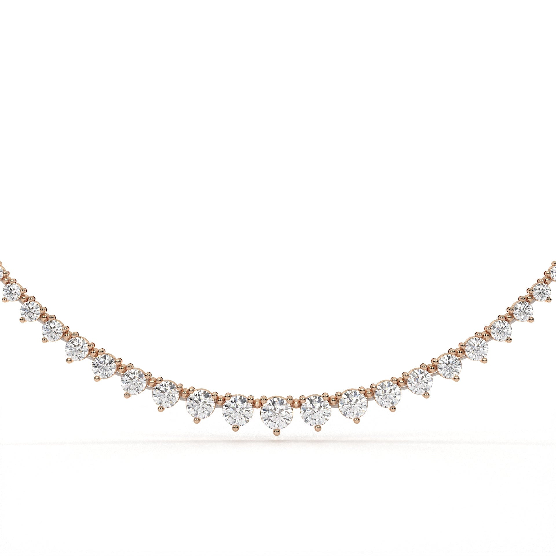 Rose gold necklace with heart-shaped diamonds on a white background