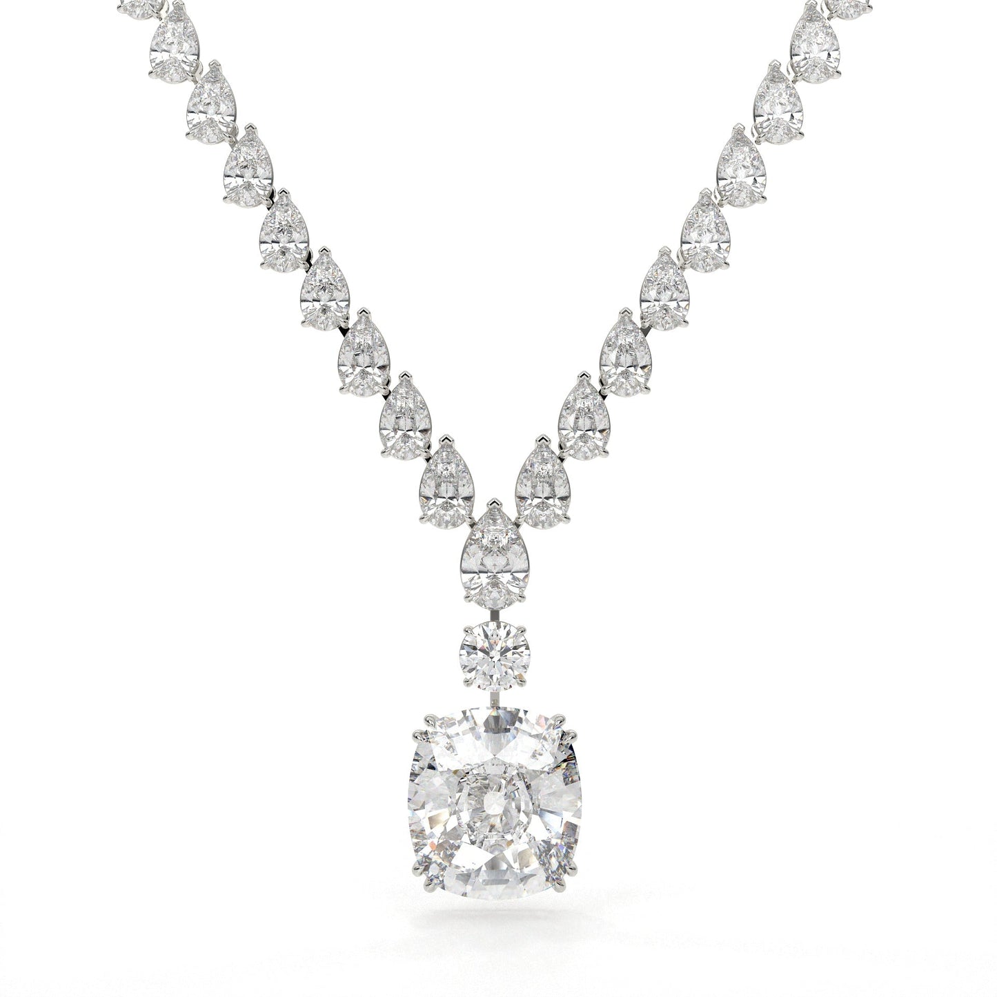 Diamond necklace with a large central gemstone and smaller stones on a white background