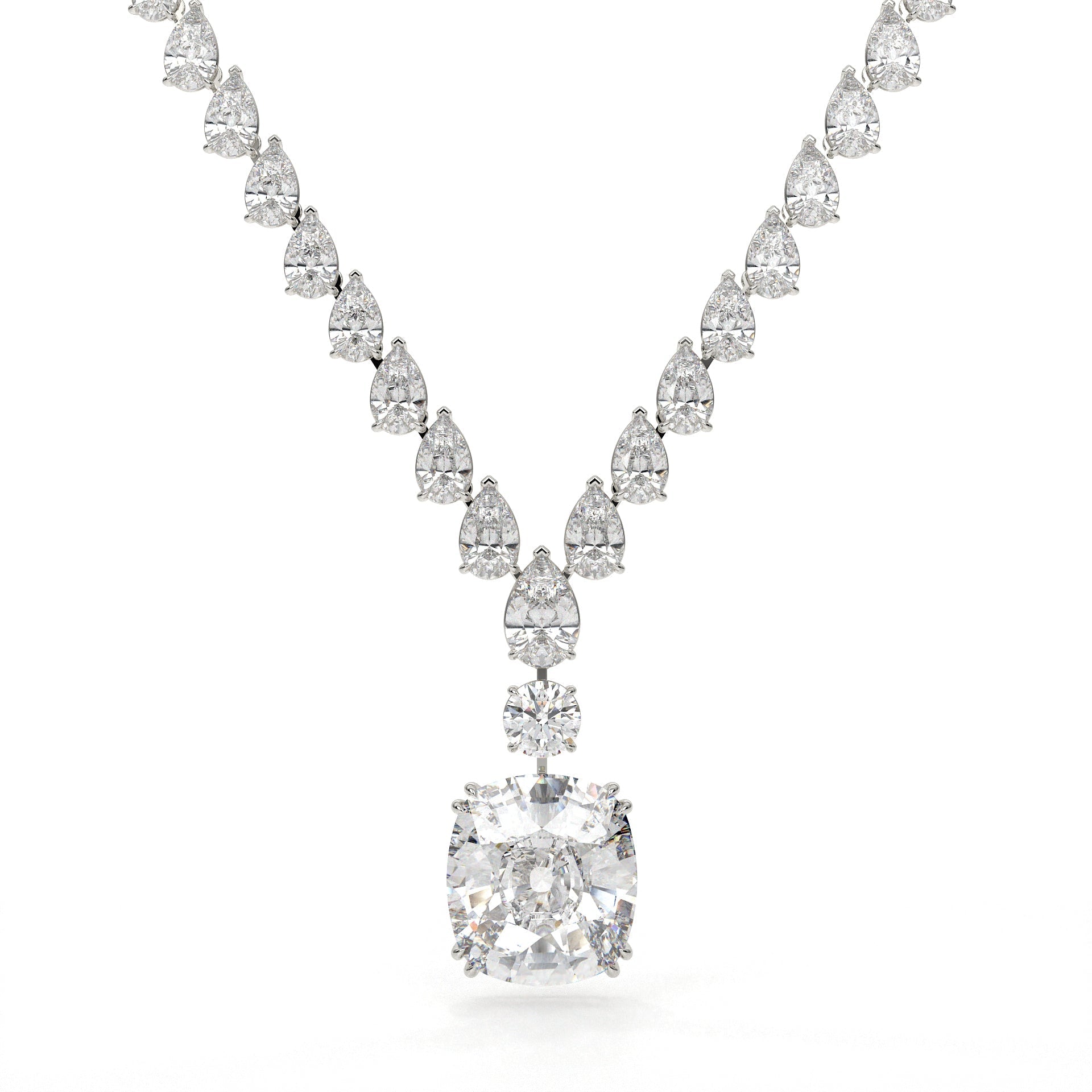 Diamond necklace with a large central gemstone and smaller stones on a white background