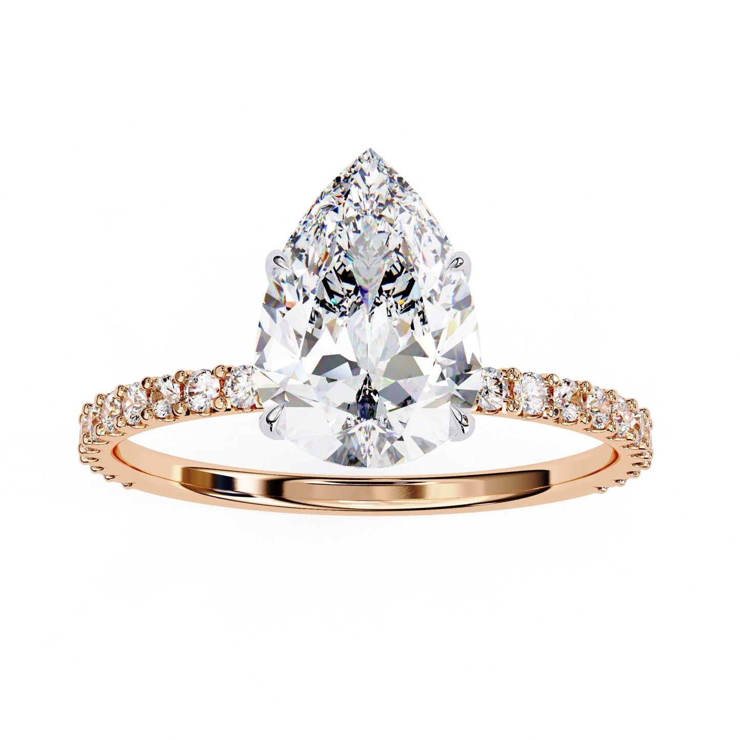Rose gold ring with a pear-shaped diamond on a white background