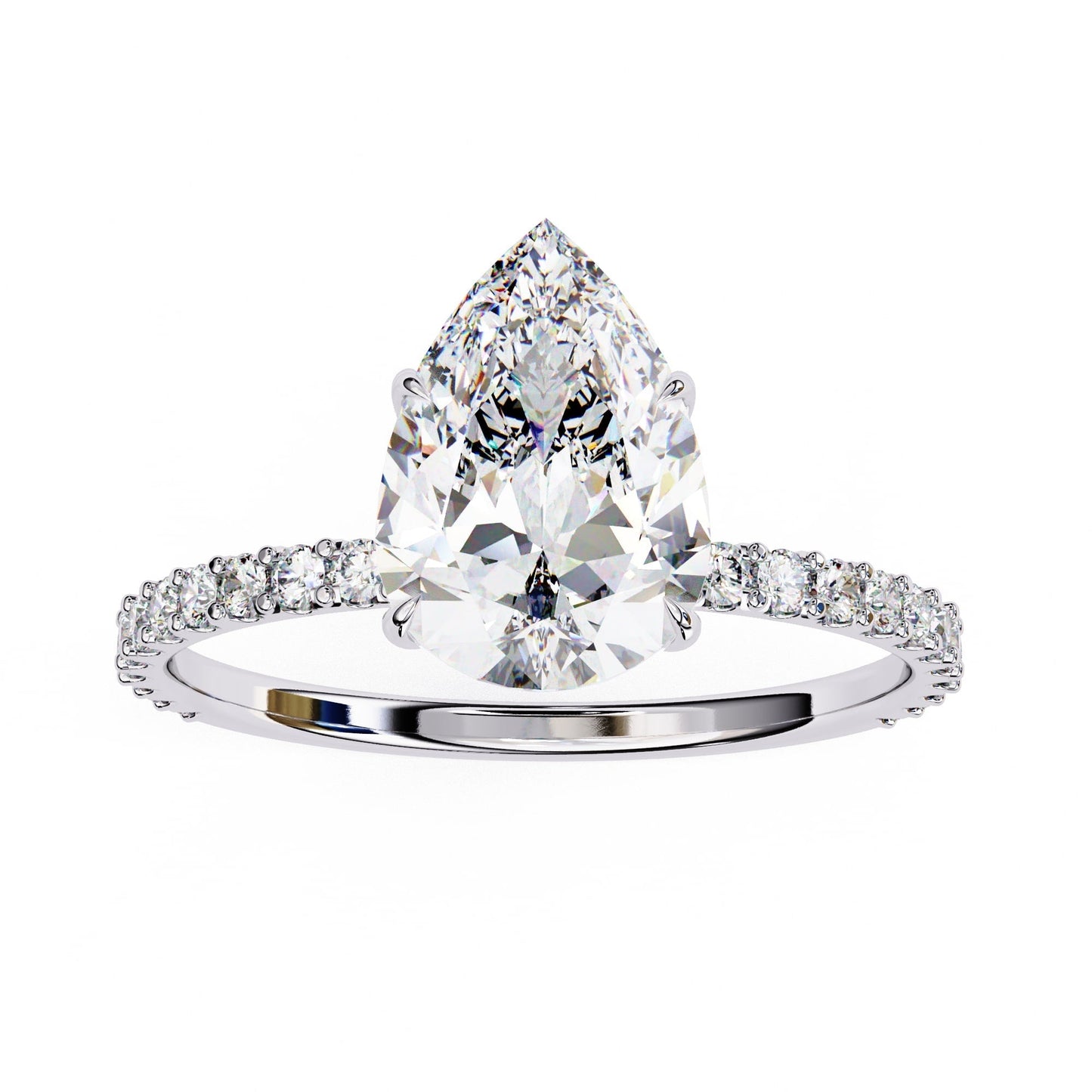 Diamond ring with a pear-shaped center stone on a white background