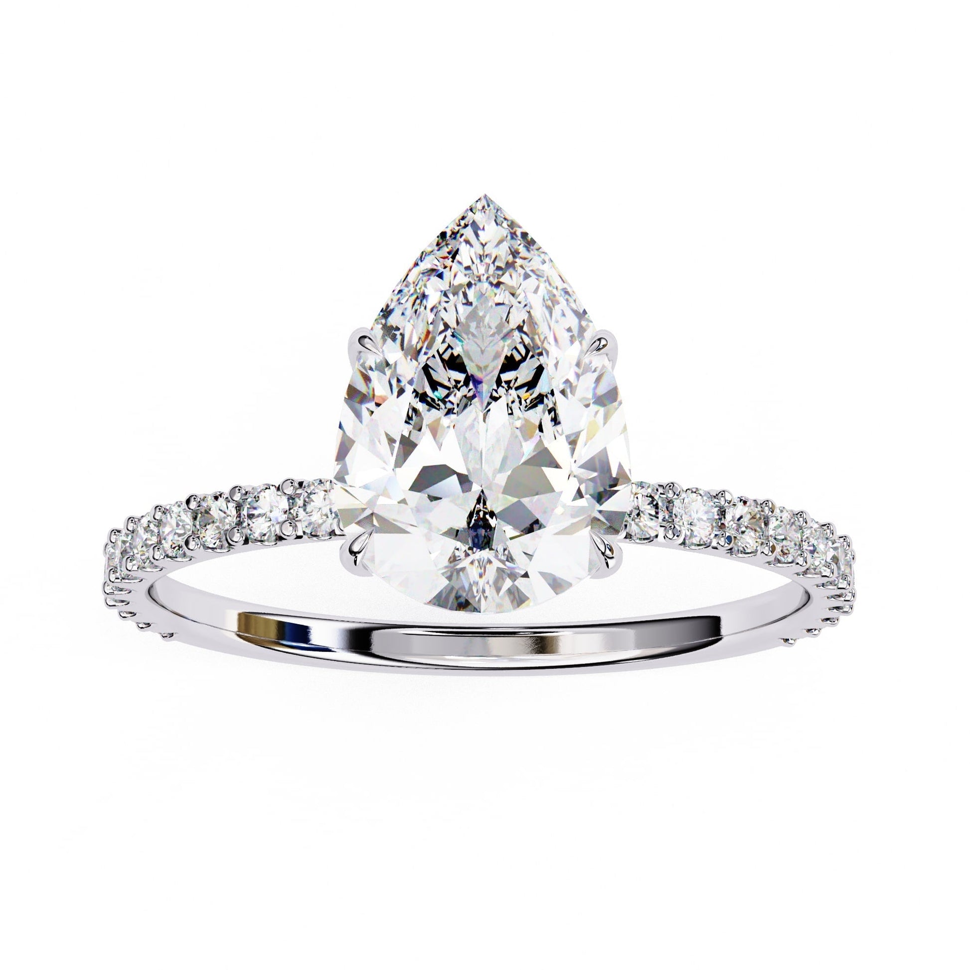 Diamond ring with a pear-shaped center stone on a white background
