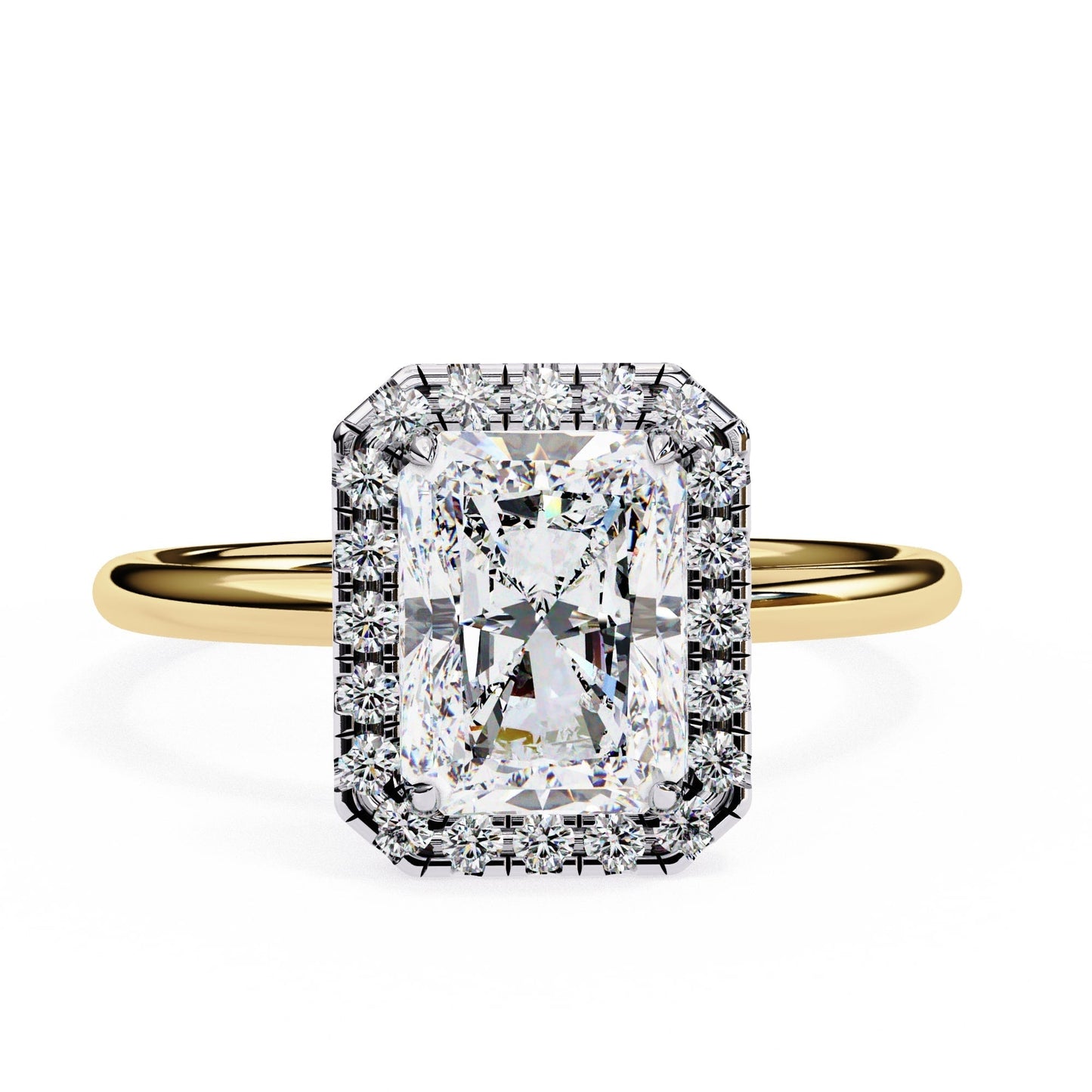 Gold ring with a large diamond and smaller diamonds on a white background