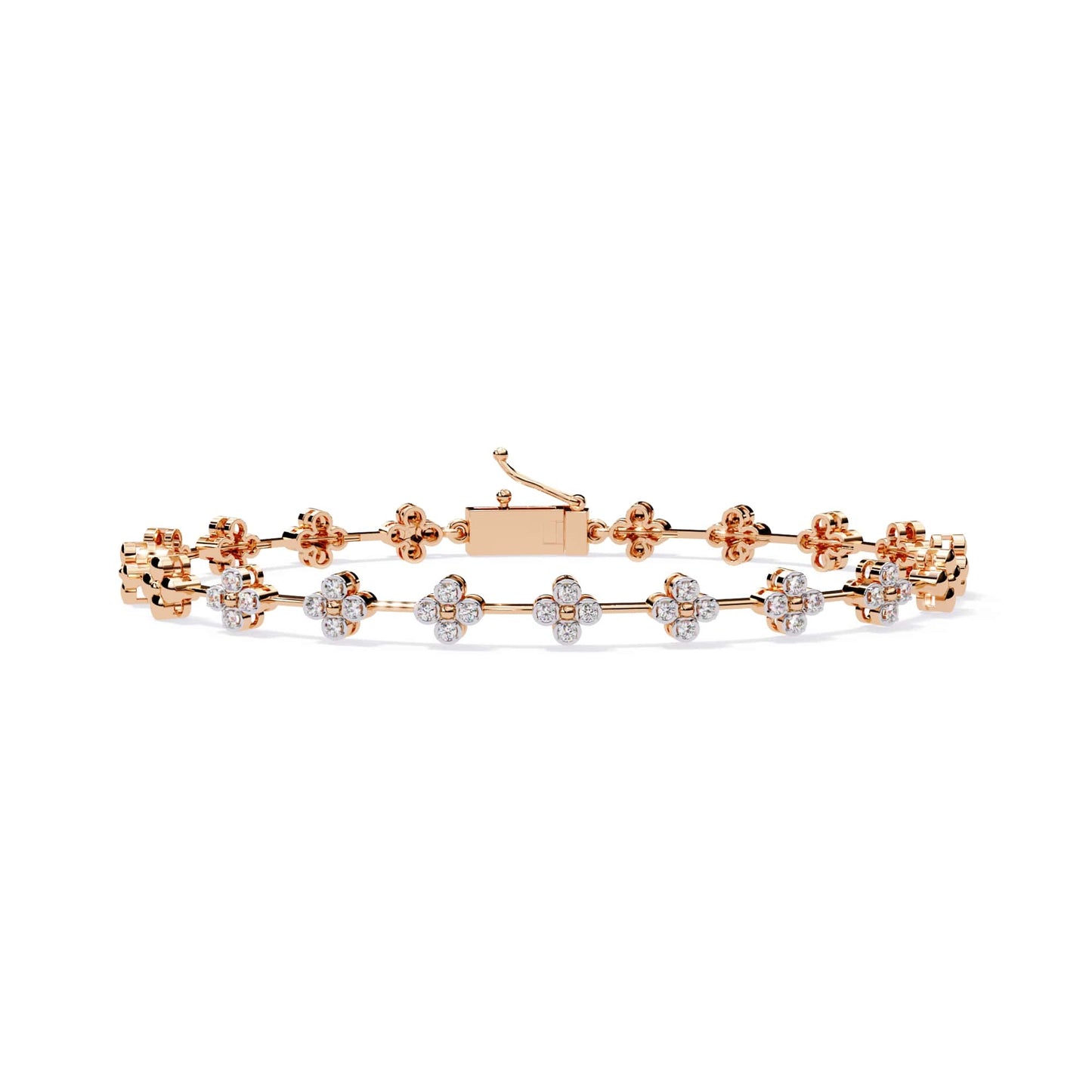 Rose gold bracelet with diamond accents on a white background