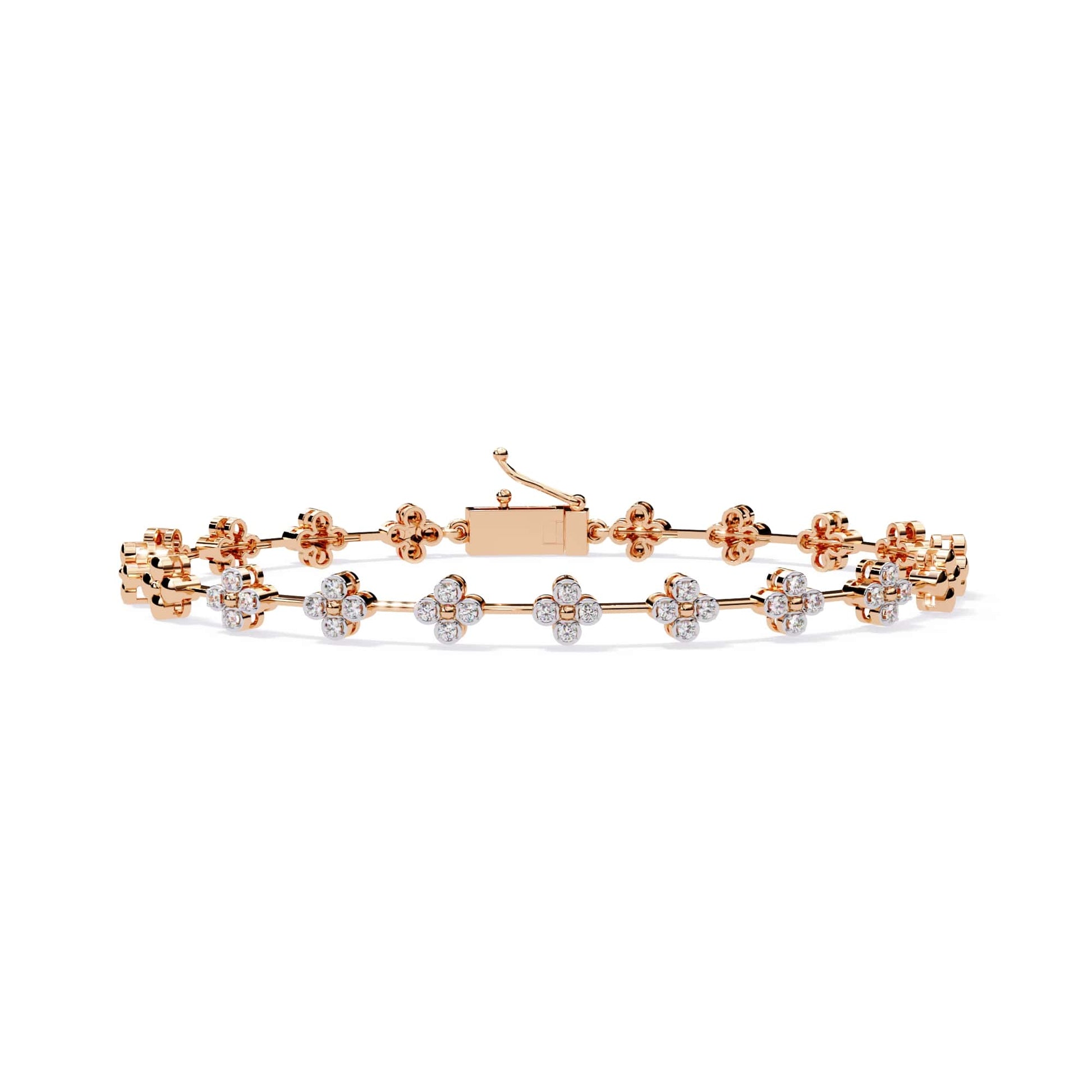 Rose gold bracelet with diamond accents on a white background