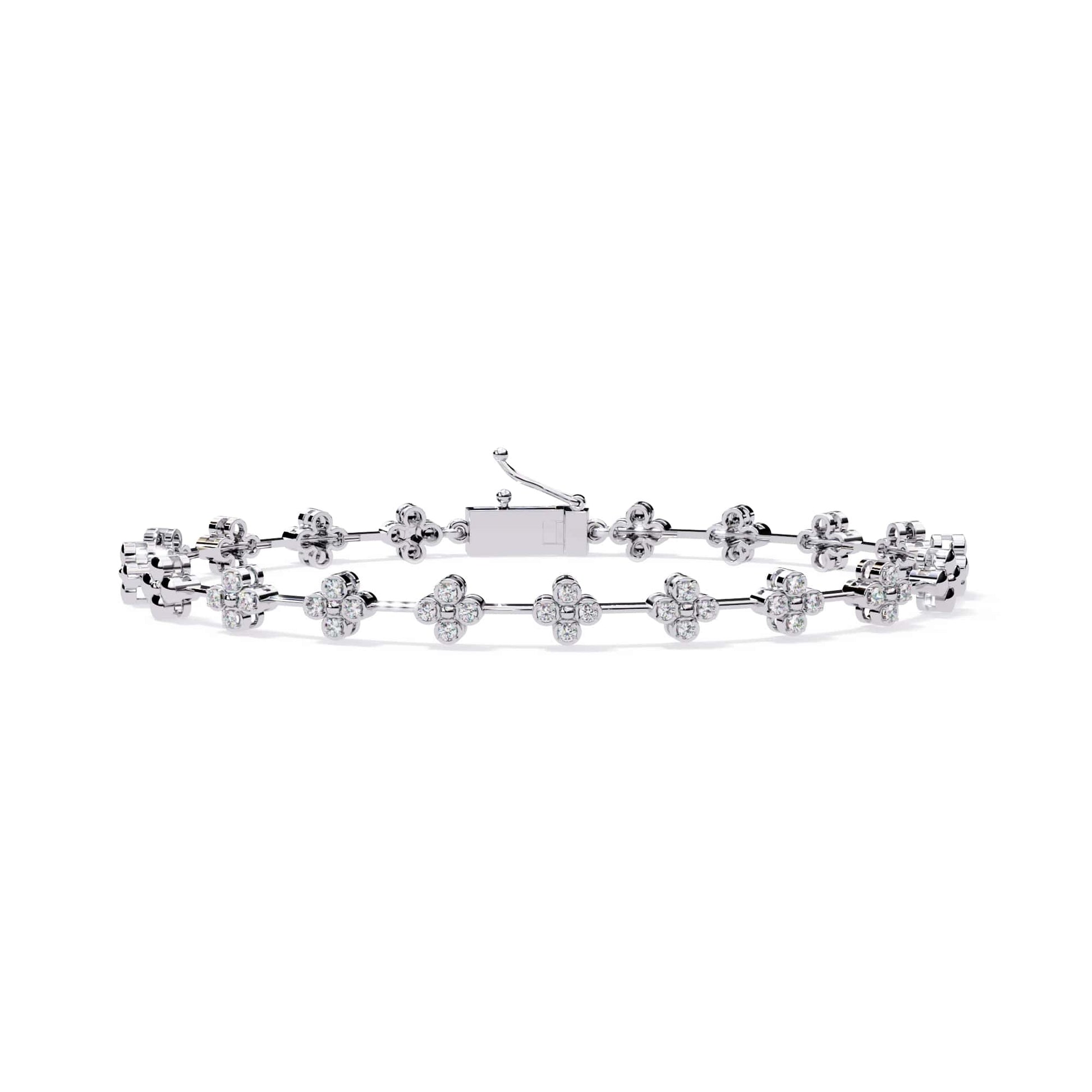 White gold bracelet with floral designs on a white background