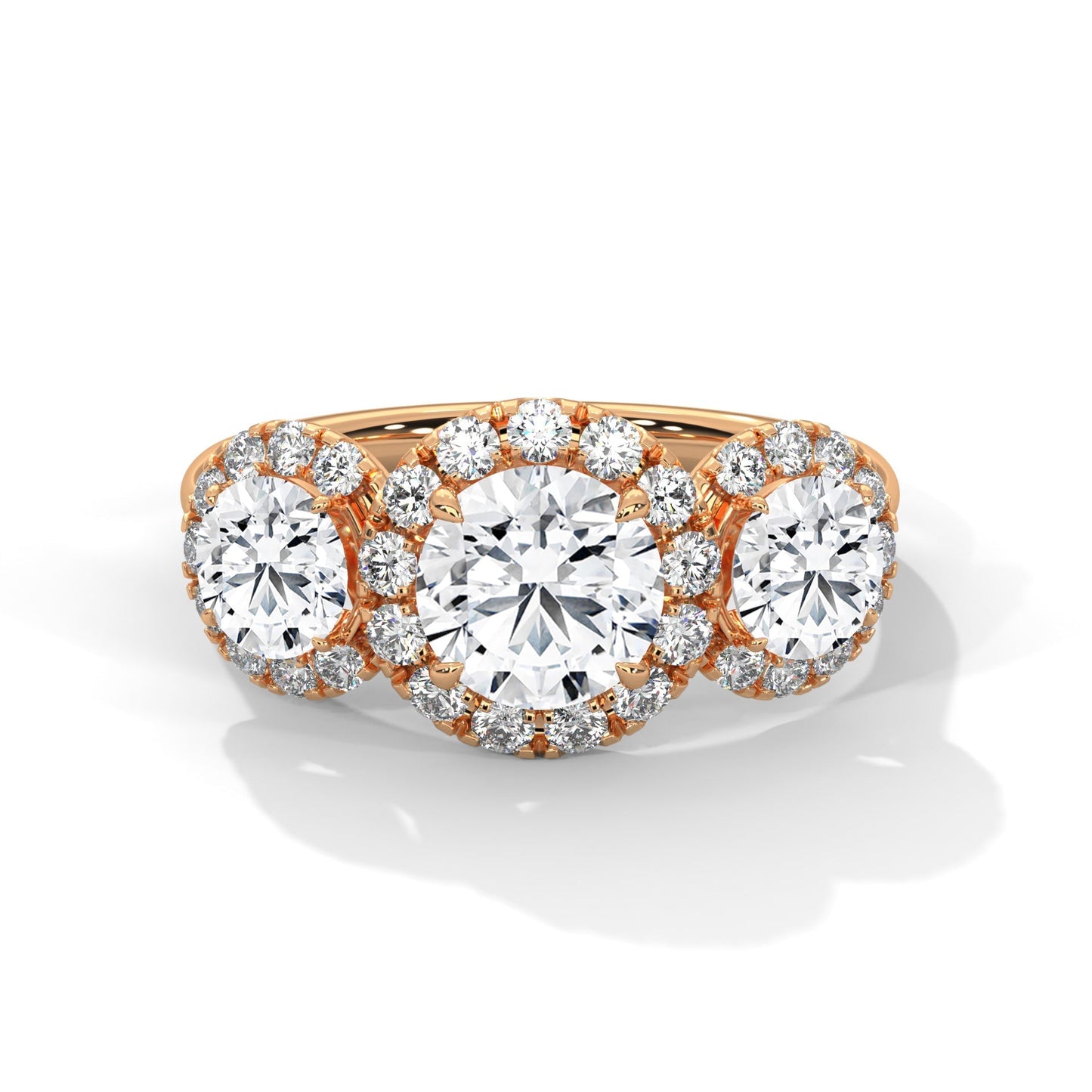 Diamond ring with rose gold band on a white background