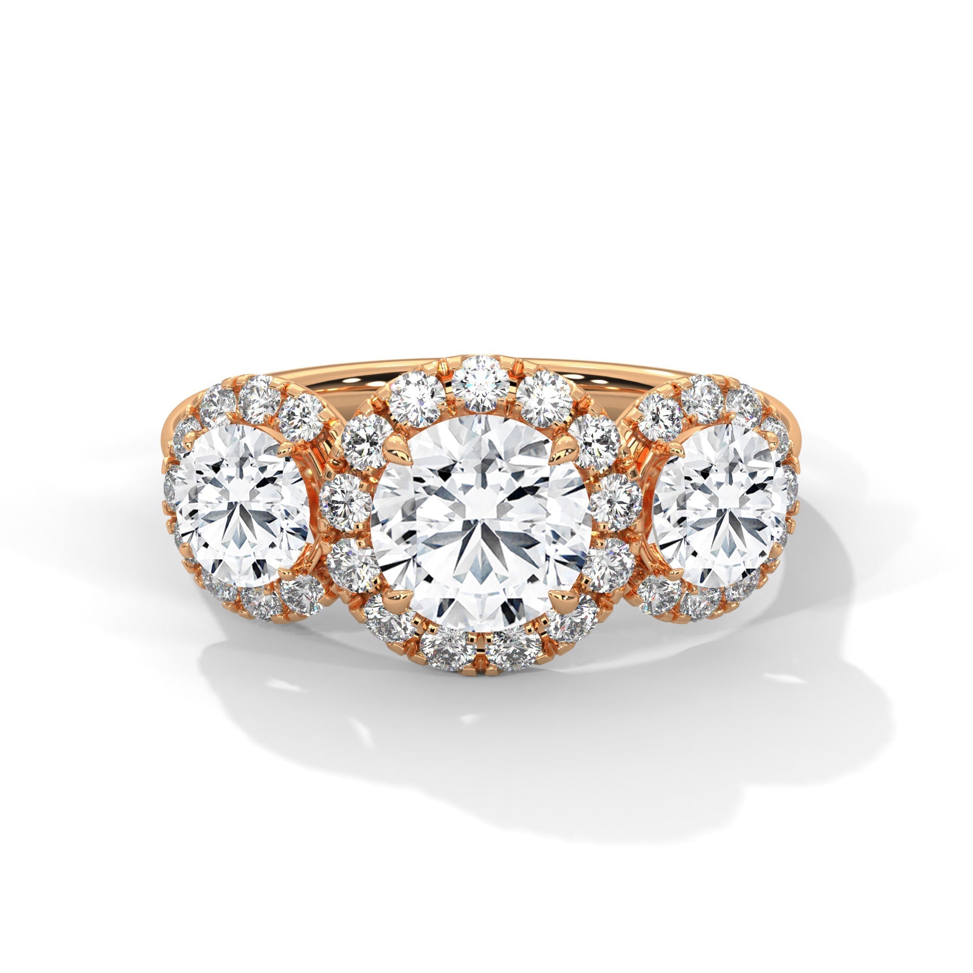 Diamond ring with rose gold band on a white background