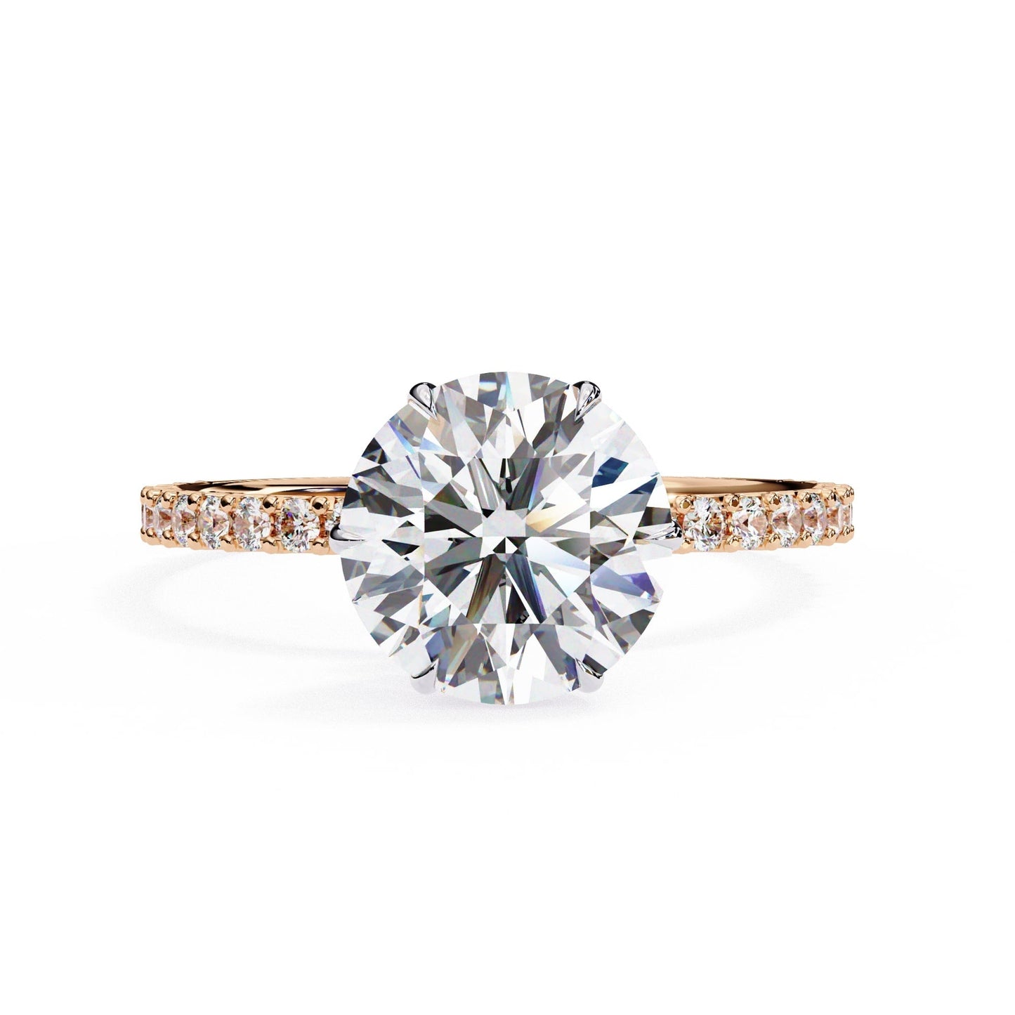 Diamond ring with a rose gold band on a white background